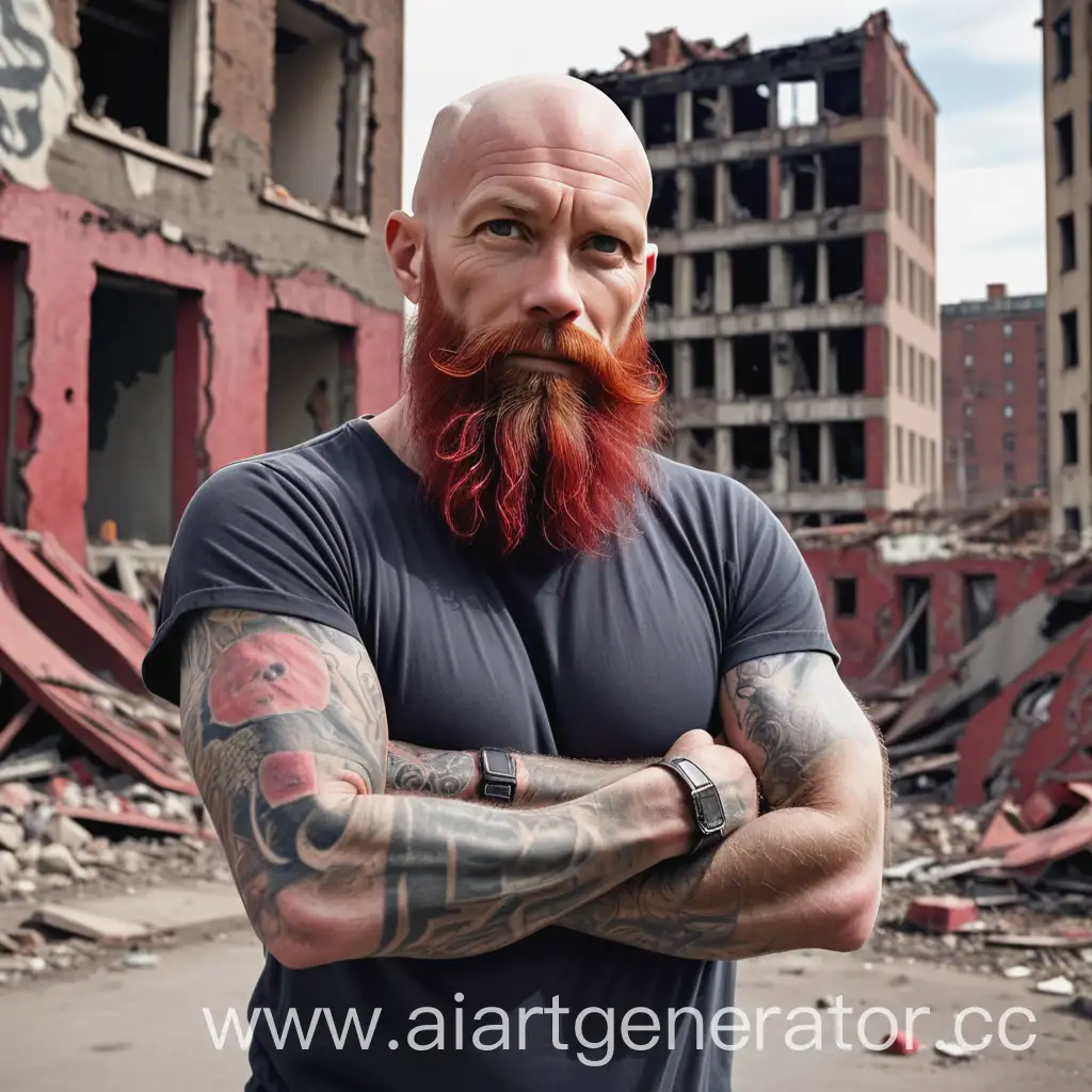 Отец-46 лет, для своих лет выглядит очень хорошо, есть пару тату на левой руке, лысый с длинной рыжой бородой в полный рост на фоне разрушенных зданий
