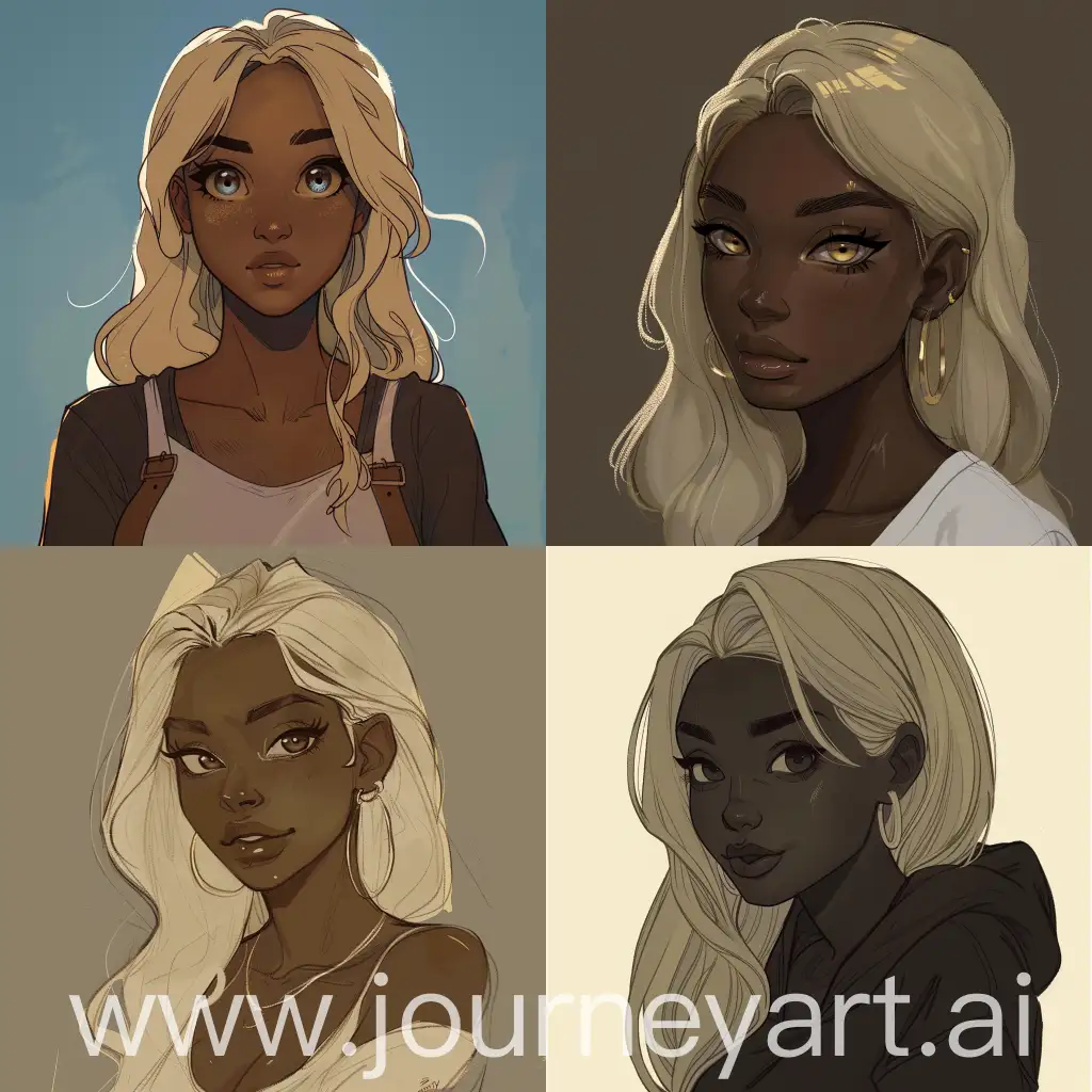 Draw a girl with dark skin and blonde hair in old manny style.