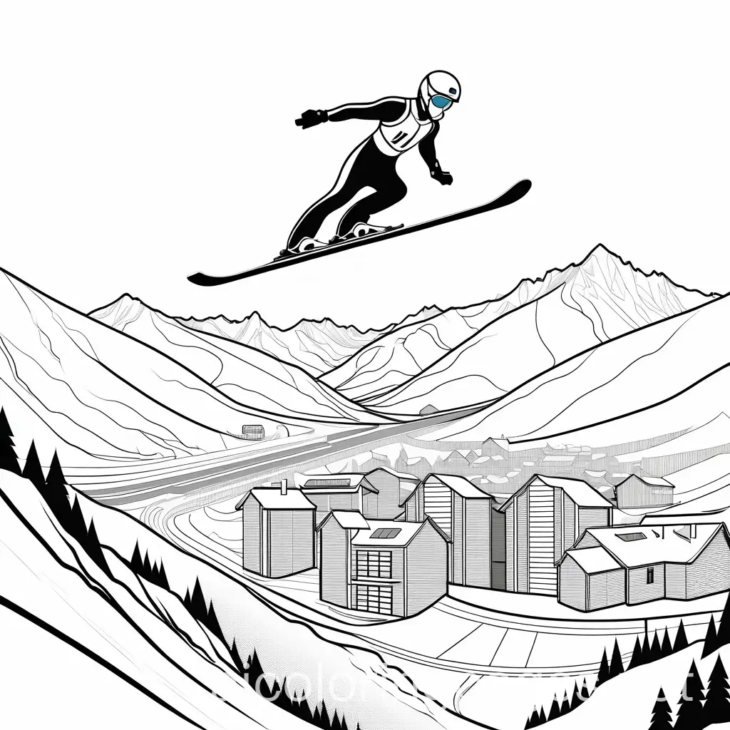 ski jumping innsbruck austria
, Coloring Page, black and white, line art, white background, Simplicity, Ample White Space. The background of the coloring page is plain white to make it easy for young children to color within the lines. The outlines of all the subjects are easy to distinguish, making it simple for kids to color without too much difficulty