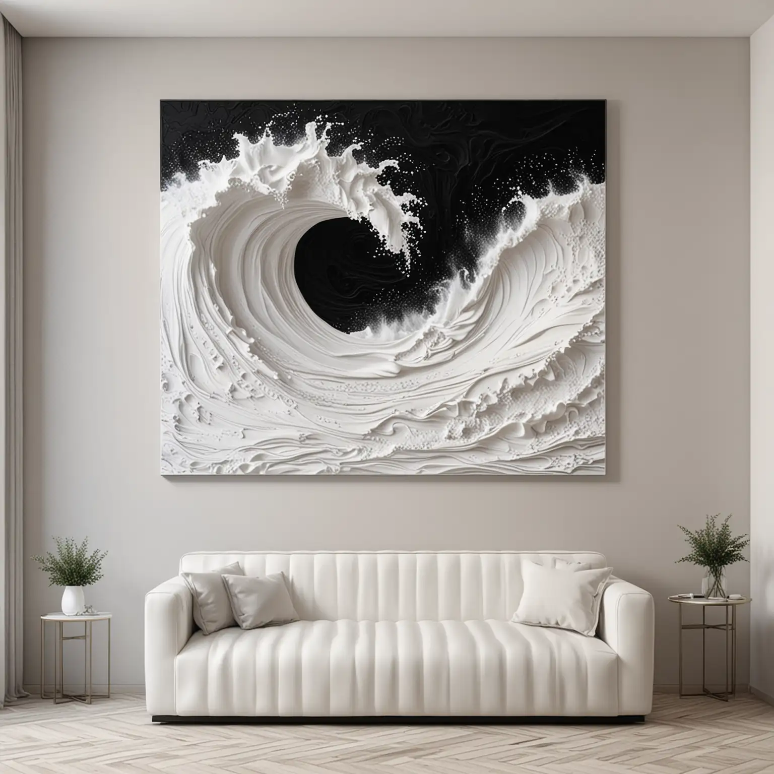 Картина черно-белая  прямоугольная в интерьере нежных цветов. Барельеф белый или черный. Абстрактная композиция волны или ткань или.
