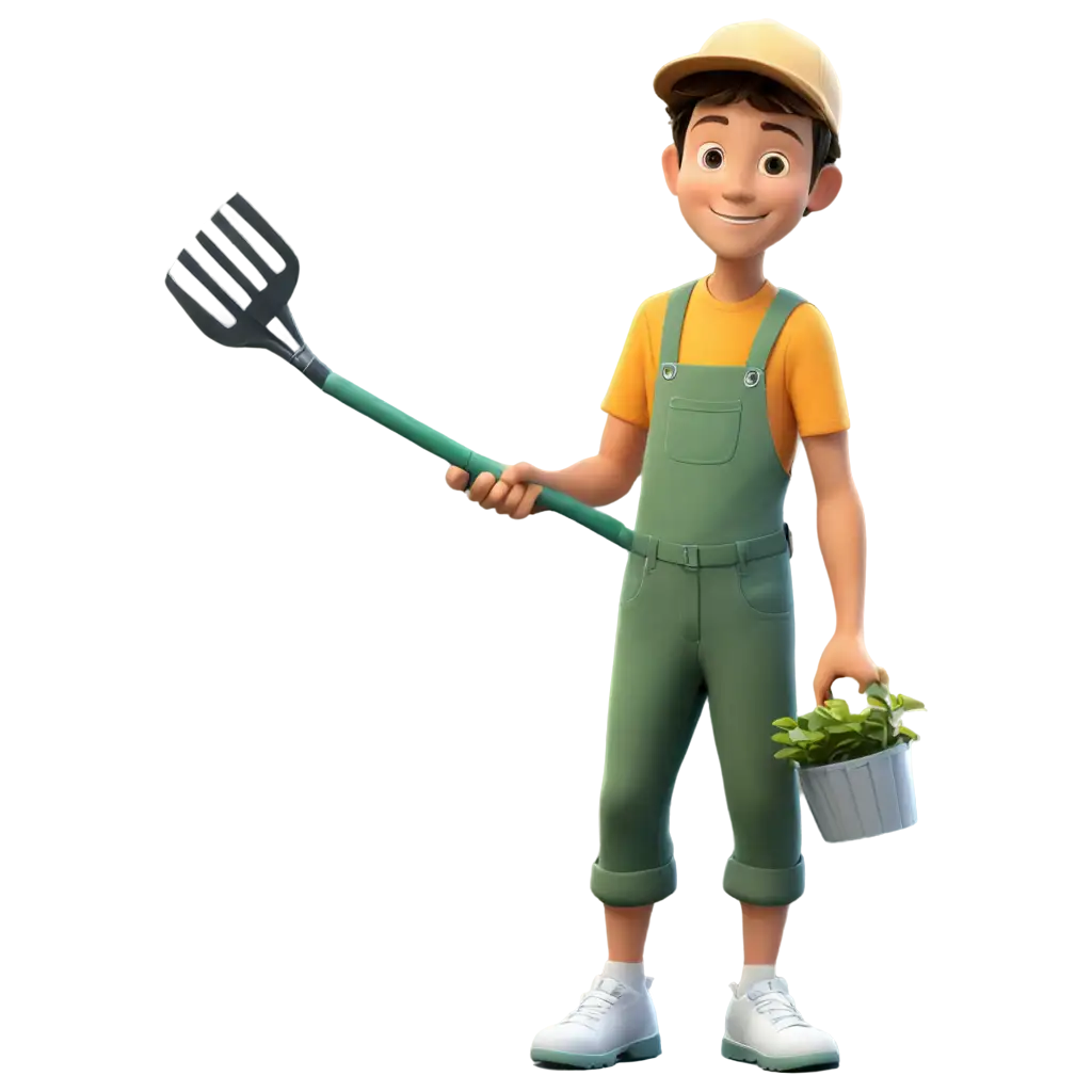 A cartoon image of boy with gardening tools in hand