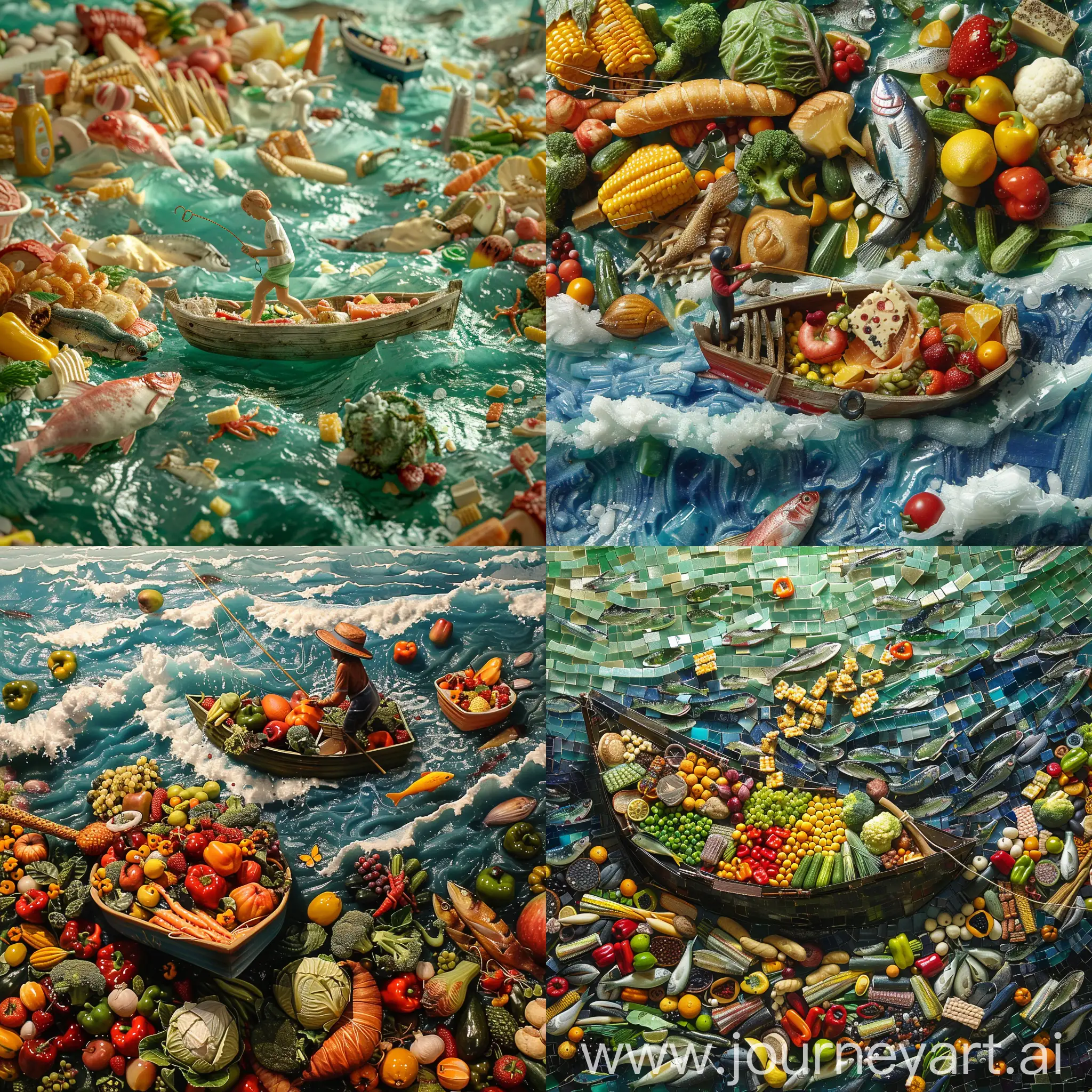 Fisherman-Catching-Food-on-a-Sea-of-Supermarket-Goods