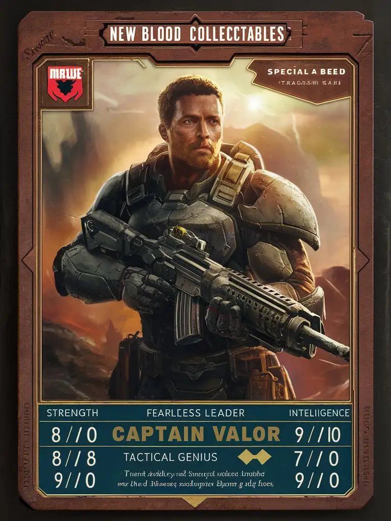   A corroded and discolored 'New Blood Collectables''Captain Valor' card bearing a  Captain Valor is a fearless leader with a heart of gold. Clad in rugged armor and armed with a plasma rifle, he inspires hope and courage in the face of adversity,'Strength: 8/10''Speed: 7/10''Intelligence: 9/10''Special Ability: Tactical Genius'