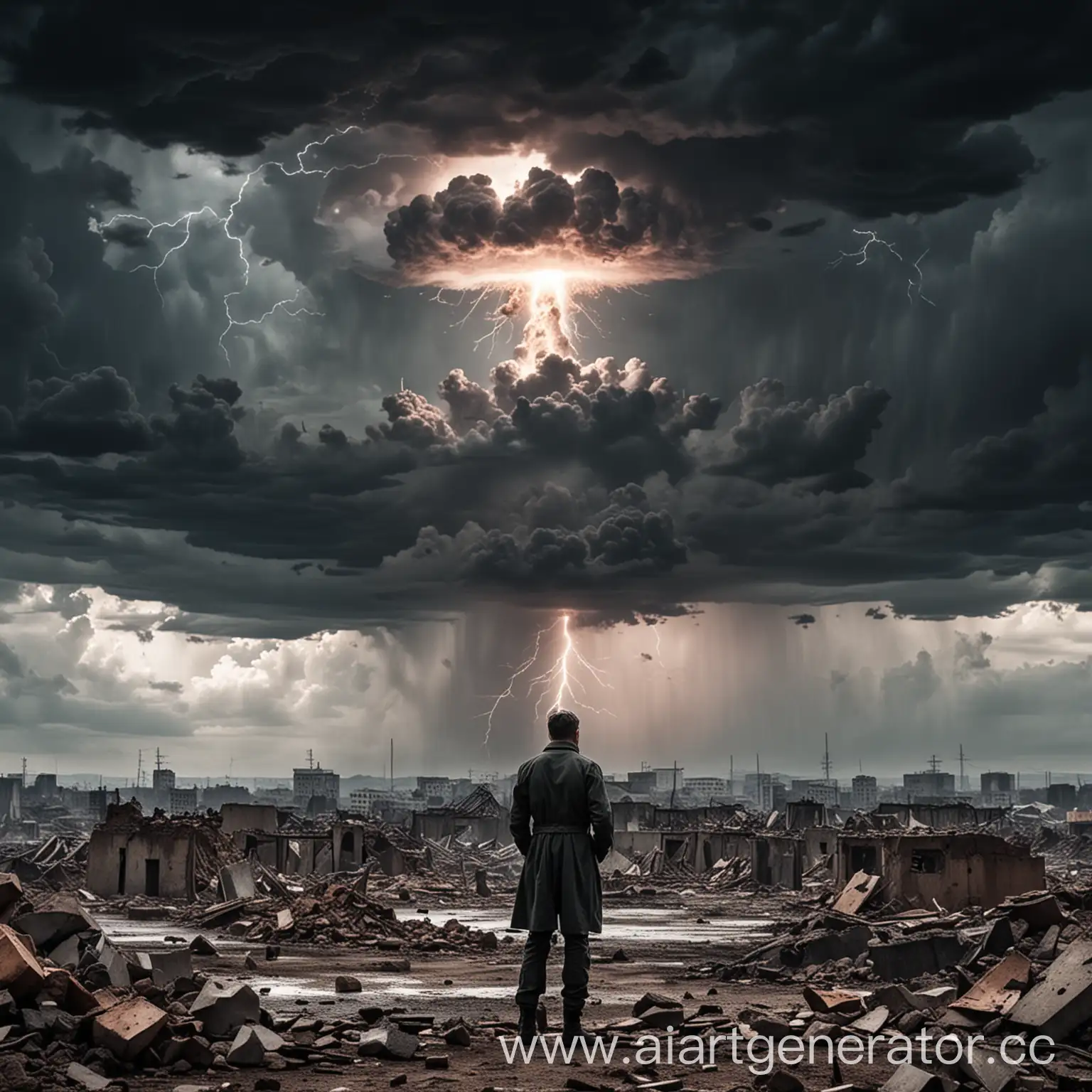 A man stands on the ruins of a city.  There is a nuclear bomb explosion in the distance.  Black clouds covered the sky.   strong lightning.