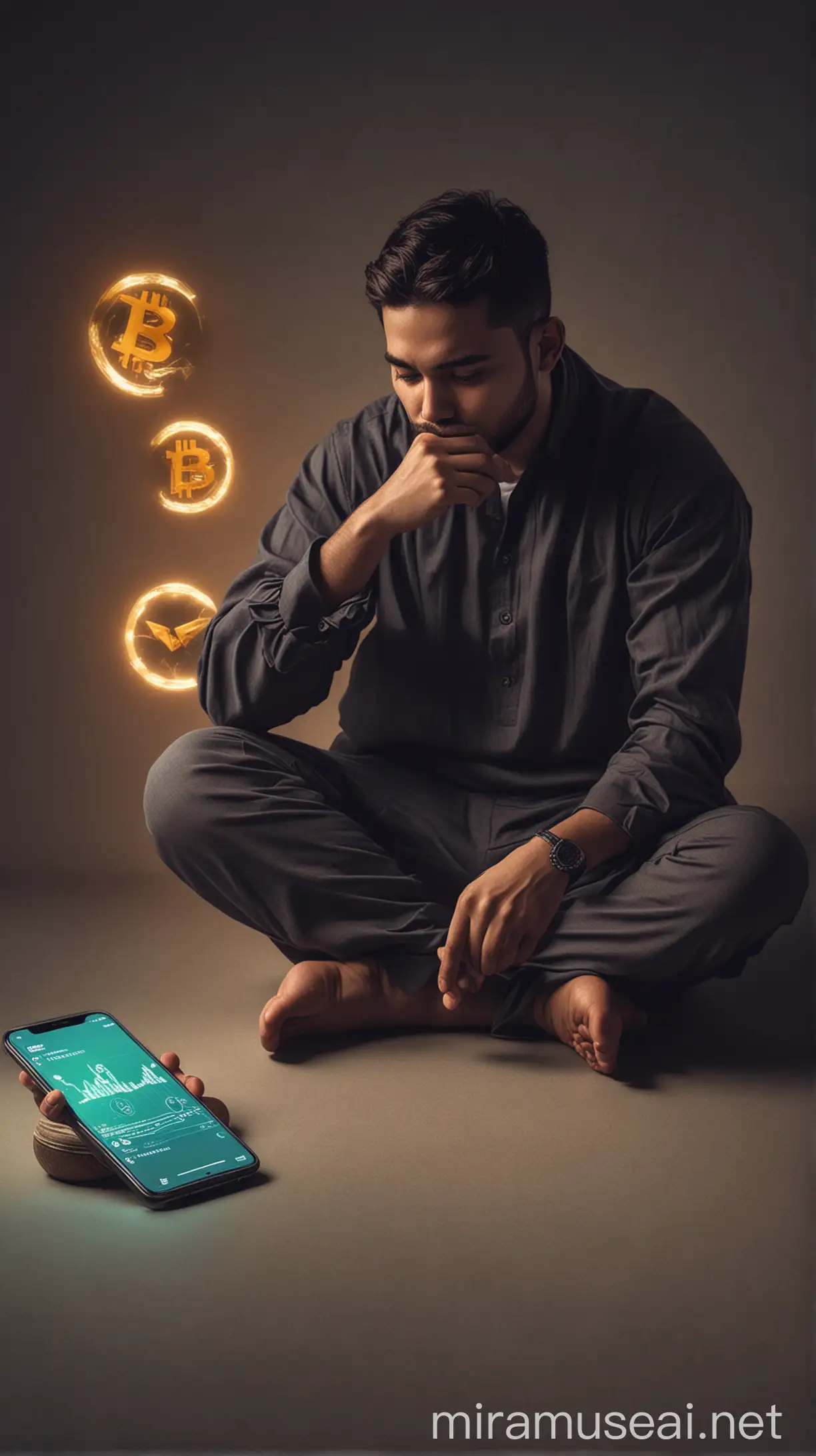  An illustration of a person contemplating while looking at a smartphone with cryptocurrency charts.
Description: A person sits cross-legged, holding a smartphone displaying cryptocurrency charts. Their thoughtful expression reflects the contemplation of whether cryptocurrency investments align with Islamic finance principles, WITH ISLAMIC TRADITION AND HD 4K 