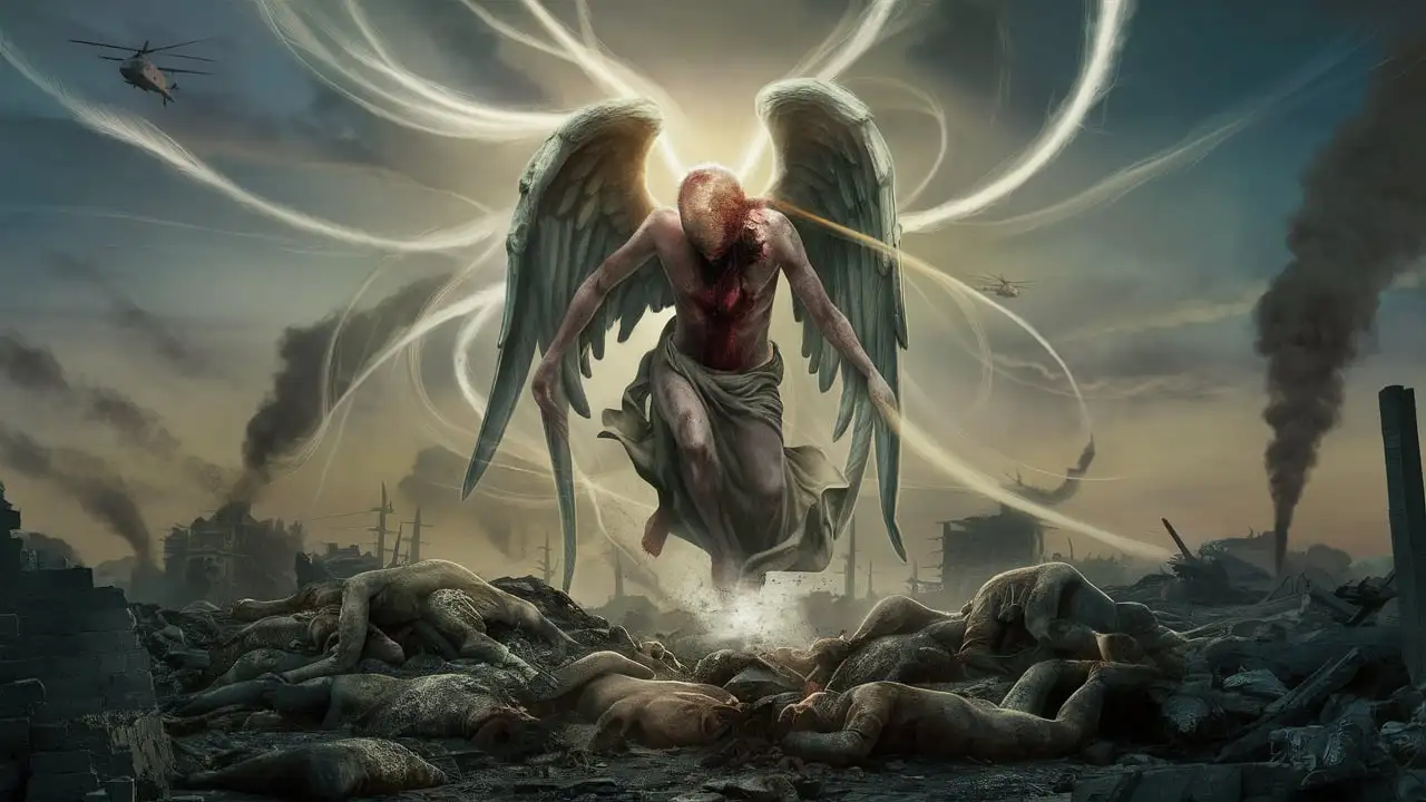 Monstrous Angel Rising Above Smoking Ruins in Mystical Apocalypse Scene