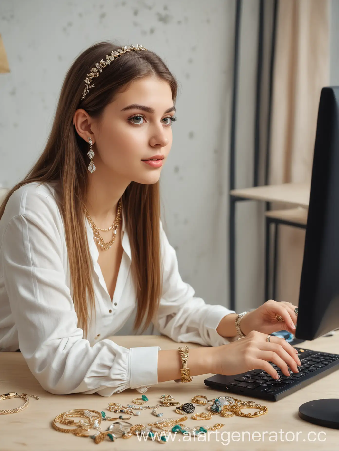 девушка в украшениях сидит за компьютером и ищет на сайте новые украшения