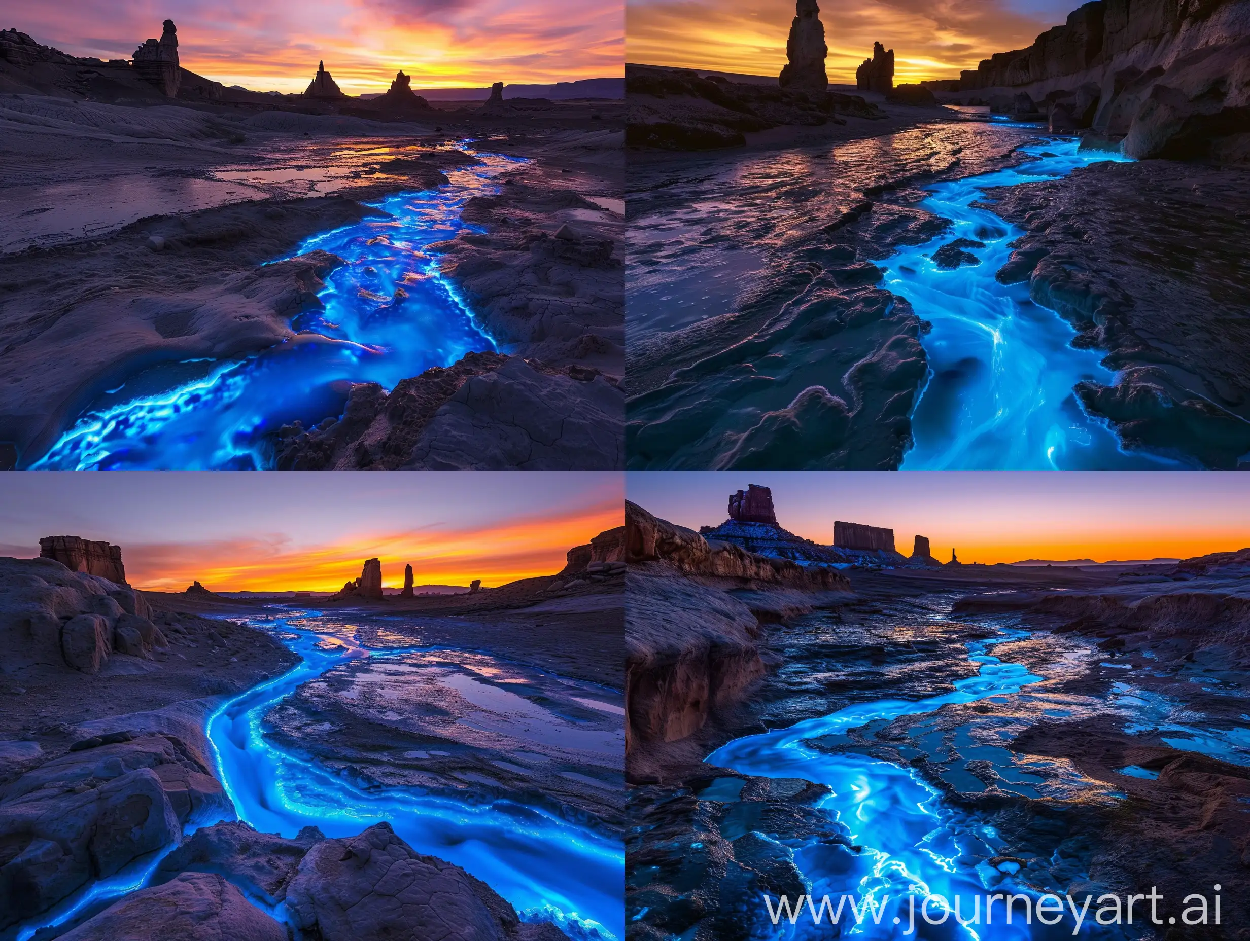 Ultra high definition, ultra fine cinematic photograph. a river of glowing blue liquid flowing through the desert, with monoliths in the background, at sunset, high definition photography::0.9 illustration, drawing, cartoonish, mist, fog, haze, rain, tilt-shift, toy-model, cgi, watermark::-1 Ultra high definition, ultra fine cinematic photograph.