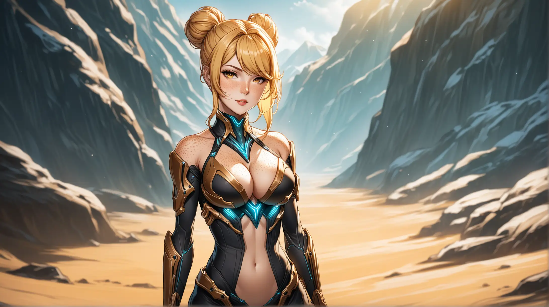 Seductive Woman with Long Blonde Hair in Warframeinspired Outfit