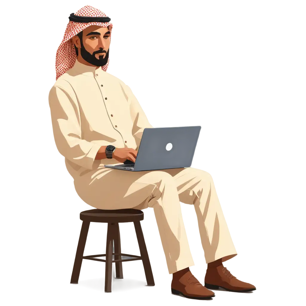 Saudi-Man-in-Traditional-Attire-Working-Remotely-on-Laptop-PNG-Vector-Illustration