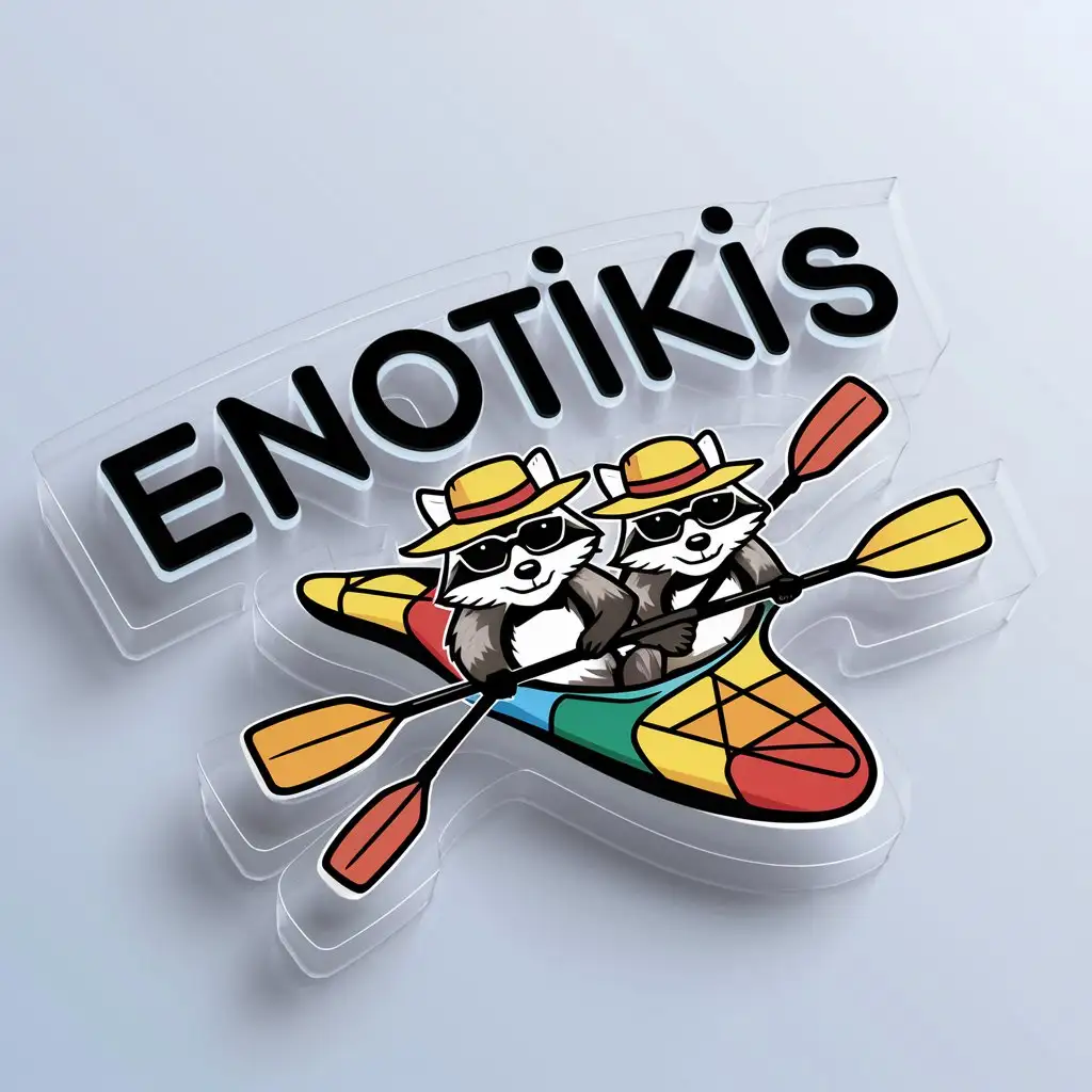 a logo design,with the text "Enotikis", main symbol:raccoons are sailing in a kayak with oars in panamas and sunglasses,Moderate,be used in Travel industry,clear background