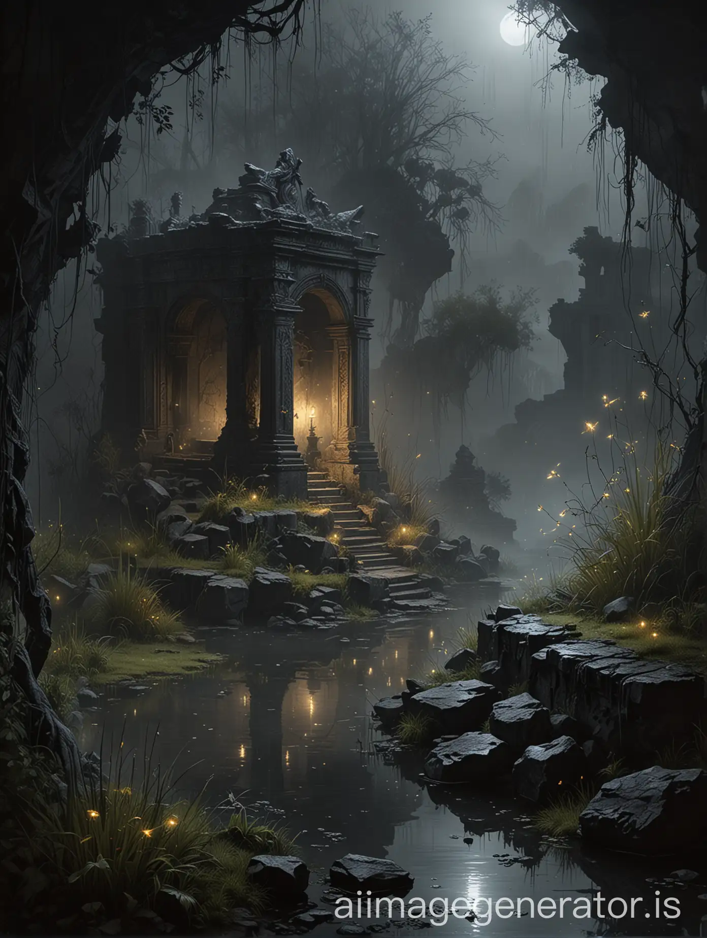 Fantasy-Dark-Art-Mysterious-Ancient-Ruins-in-Rainy-Garden-Night