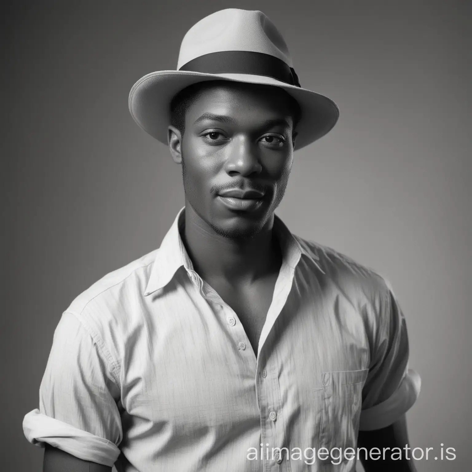 1950s black and white half body shot of a good looking African American man with low wavy hair dressed leisurely in a light weight button down shirt with short sleeves and a fedora 