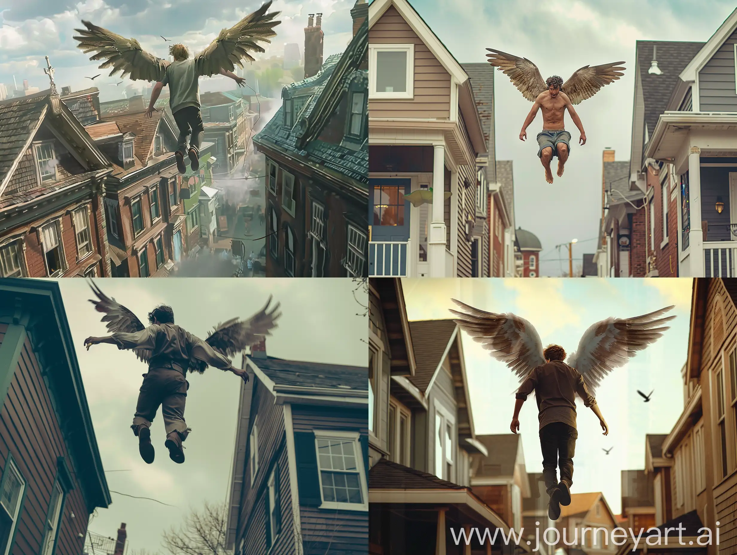 A man with wings flies between houses