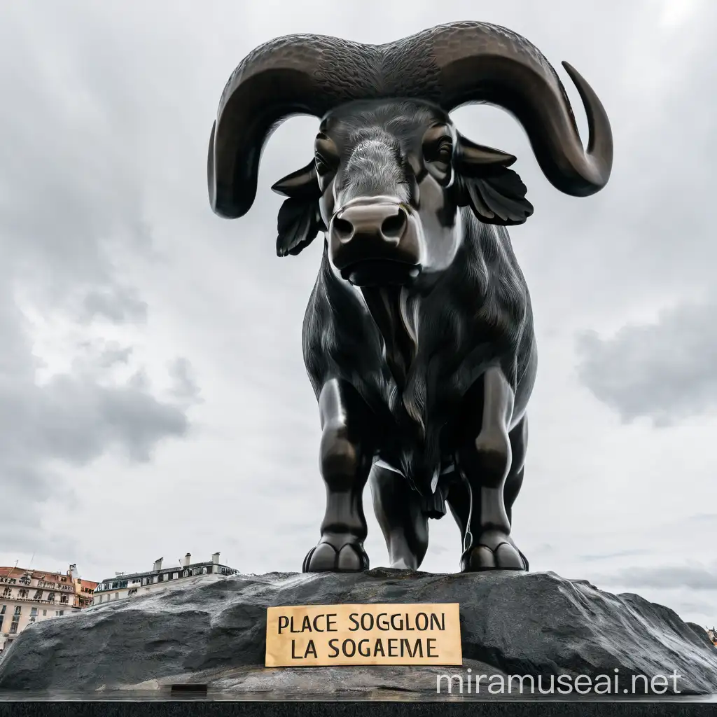 Statue of a buffalo with a placard stating "Place Sogolon: Hommage A La Feme"