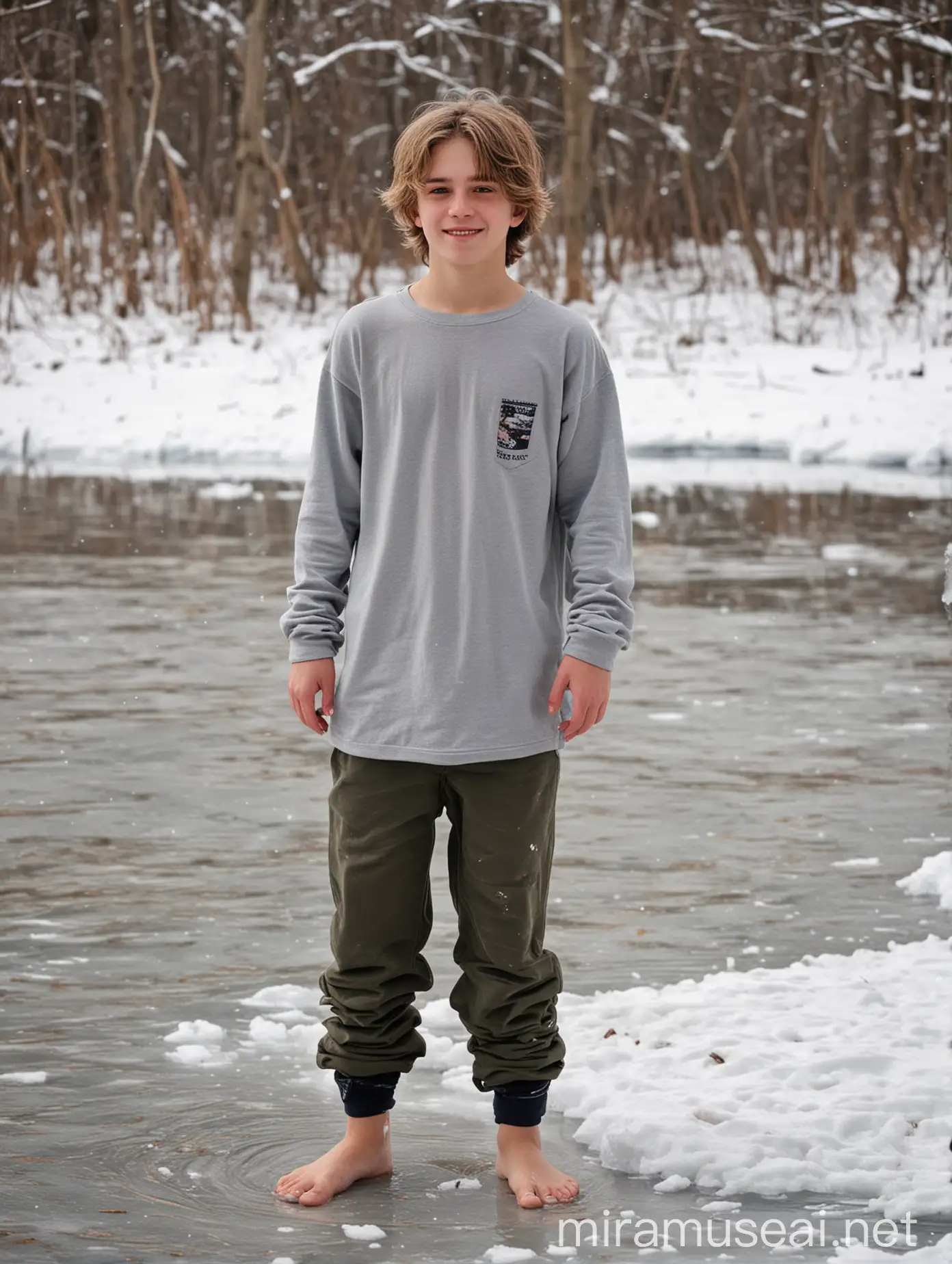 Happy Barefoot Teenager Enjoying Winter Fun on Frozen Lake