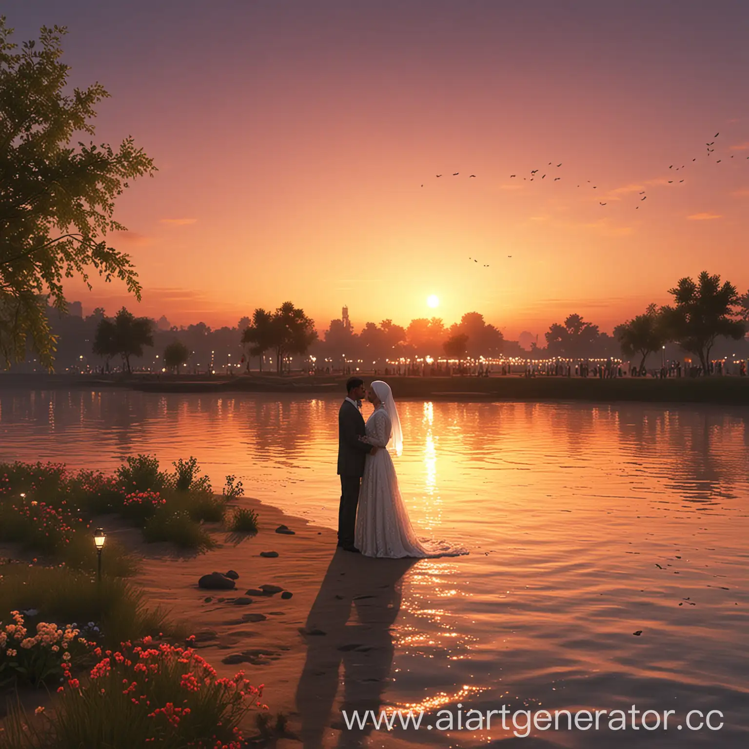 Мусульманская свадьба на берегу реки, закат, анимационный стиль