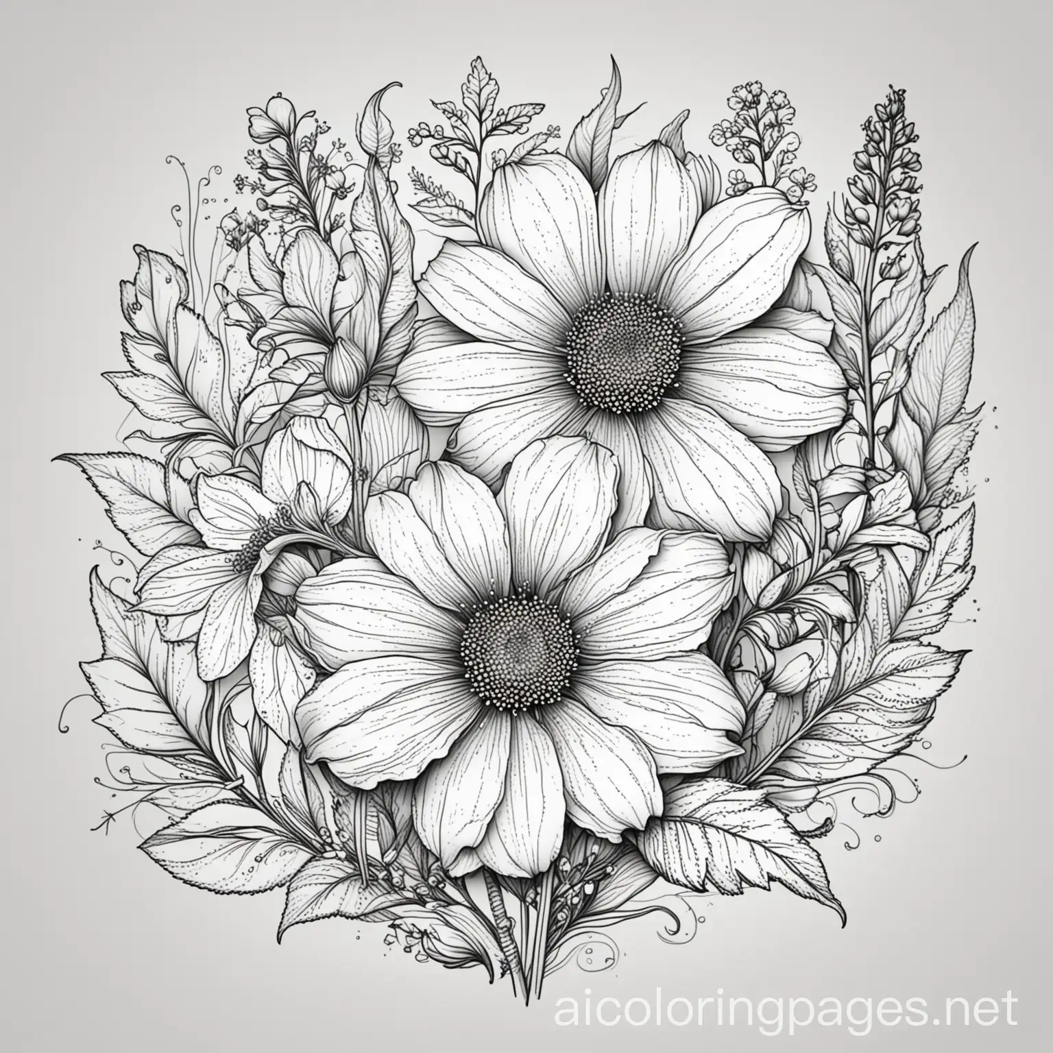 decorative and detailed flowers for colouring in, black and white, thick lines, Coloring Page, black and white, line art, white background, Simplicity, Ample White Space