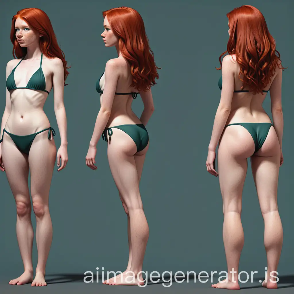 crea una mujer pelirroja de 18 años en bikini con las perspectivas de frente , de costado y de espaldas como un model sheet