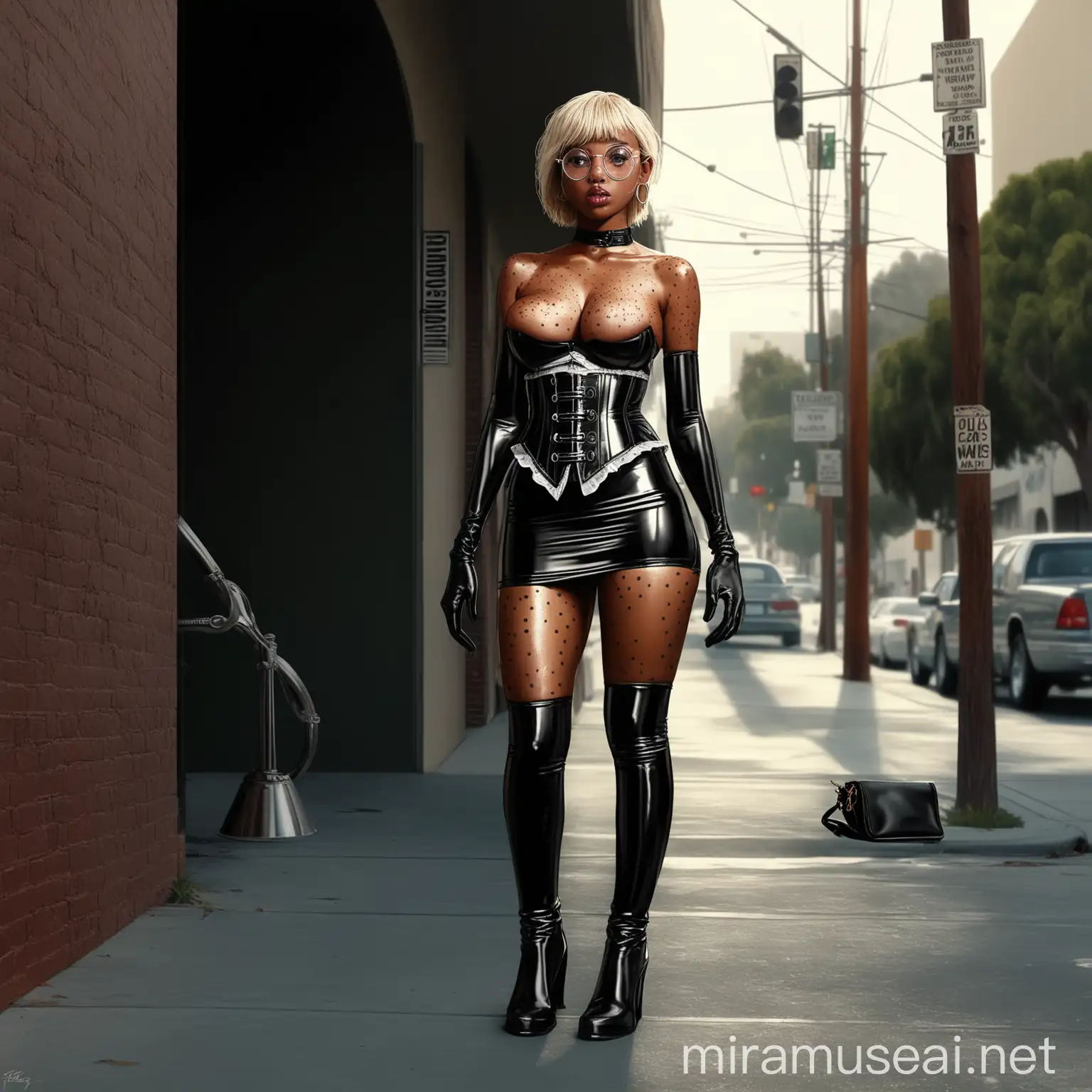 young Asian Latin woman with dark skin, with freckles on her face, with black and white hair wearing long latex boots, corset and mini skirt, long gloves, rock styleyoung Asian Latin woman with dark skin, with freckles on her face, with Poptarting black and blond hair wearing long latex boots, corset latex and mini skirt latex , long gloves latex , rock style clothes, round prescription glasses, hoop earrings, working in los angeles figueroa street,,((latex wallet)),,, A woman drawn with a high level of detail and a brilliant, almost hyper-realistic quality, typical of the fantastic art of . ,, and high-heeled boots, her outfit accentuates her body, reflective, shiny. realistic, epic masterpiece, cinematic experience, 8k, fantasy digital art, HDR, UHD. This contrast between the fantastical character and the more traditional color scheme and elements gives the piece an intriguing narrative quality. The model is standing looking at the camera, with one leg extended out towards the camera. , toned legs, long lashes, (naturally smooth skin, defined high cheekbones), face details, magic, digital painting, digital illustration, extreme details, digital art, 4k, ultra hd, hyperrealism, art season trends, vintage photography, tumblr aesthetic, fantasy DnD, hd photography, hyperrealism, [light freckles]. . Fleshy lips. Her hair is straight, no waves or anything, just straight ((Big breast))full body.los angeles figueroa street,walking down the street with one leg in front of the other and hand on waist FULL BODY
