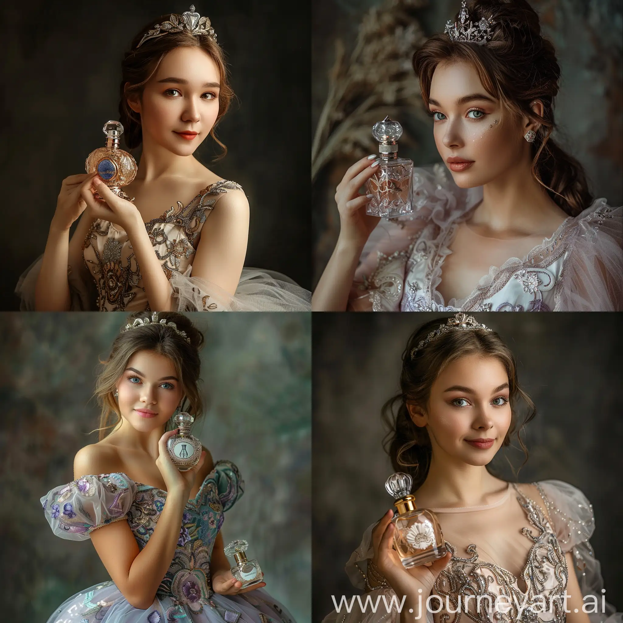 (Real photo of a very beautiful 30-year-old woman wearing a princess dress, beautiful eyes, delicate face, promotional photo pose with a perfume bottle in her hand, princess and royal theme, attention to the image on the perfume bottle, (very attractive woman and beautiful), beautiful and professional pose, studio photo suitable for poster advertising, excellent skin texture,