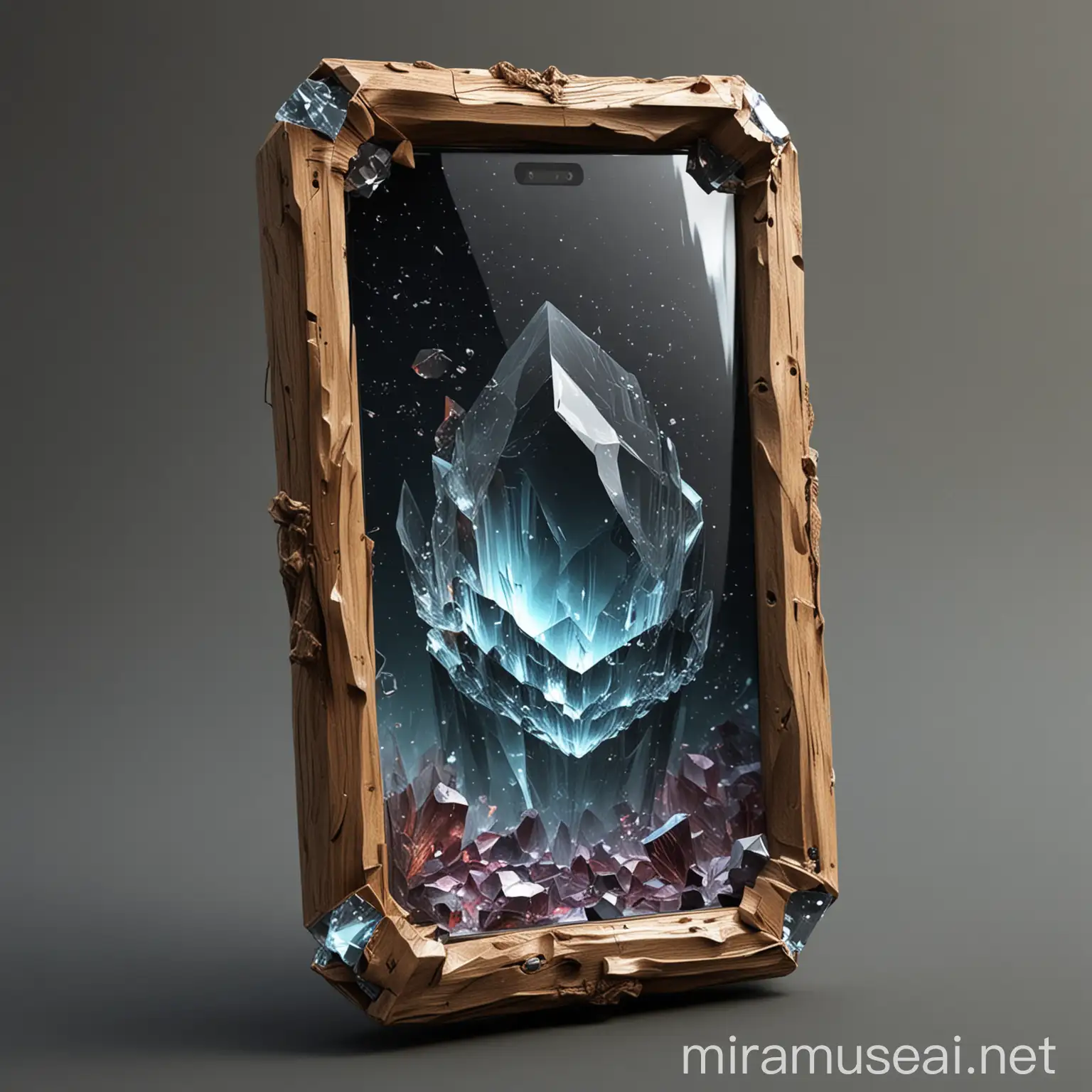 abstract fantasy smartphone that looks like it could be used in a fantasy world, with a wooden frame and a rough, uneven crystal screen