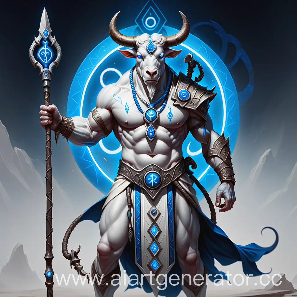 белый минотавр священно-служитель с копьём в руке и  амулетом со синим символом бесконечности