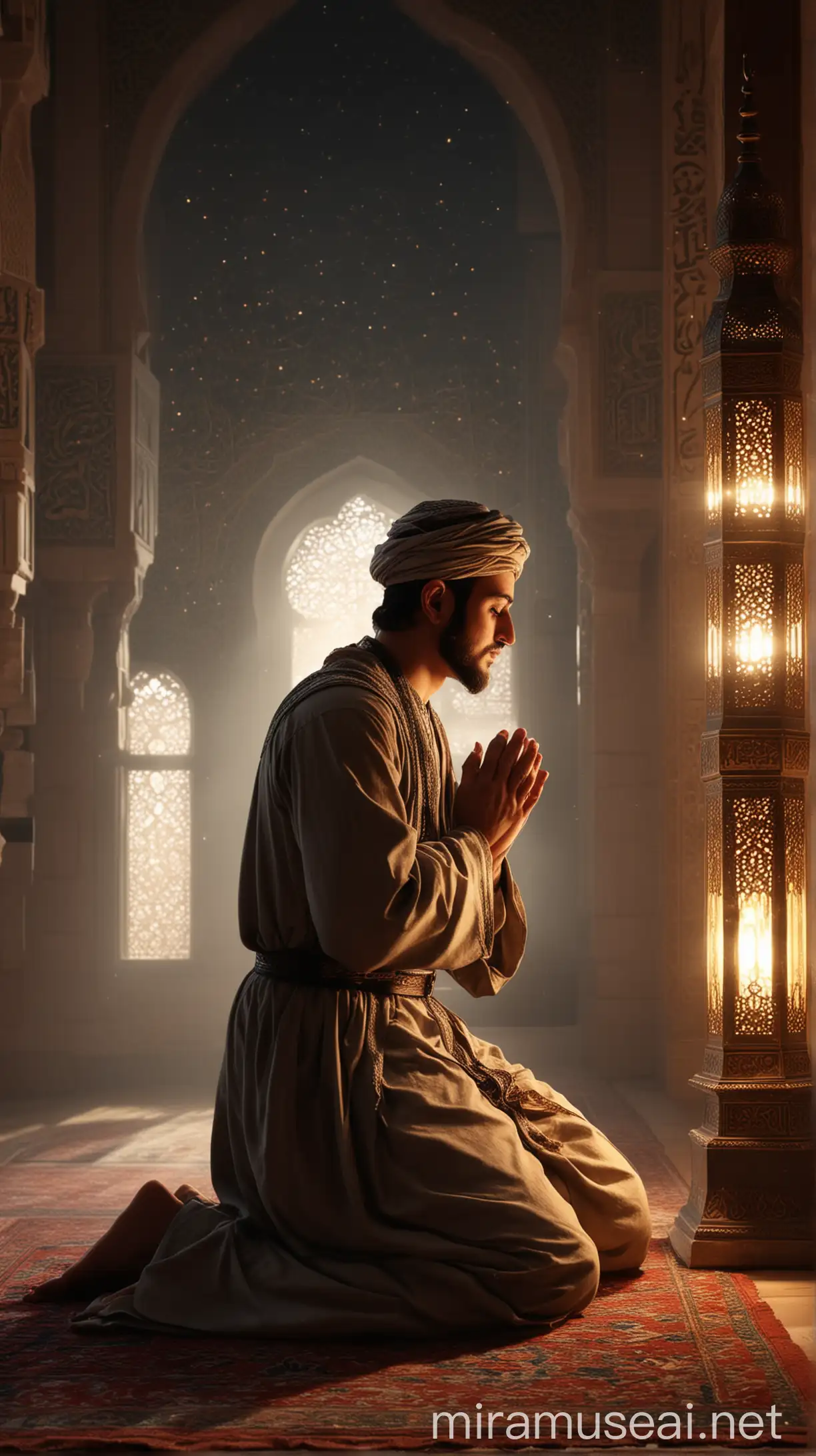 Abdullah ibn Abbas Finding Comfort in Prayer
Description: A young Abdullah ibn Abbas kneels in prayer, his face turned towards the heavens with a look of serenity. Mosque lamps cast a warm glow as he finds inner peace through supplication. with islamic tradition and HD and 4K