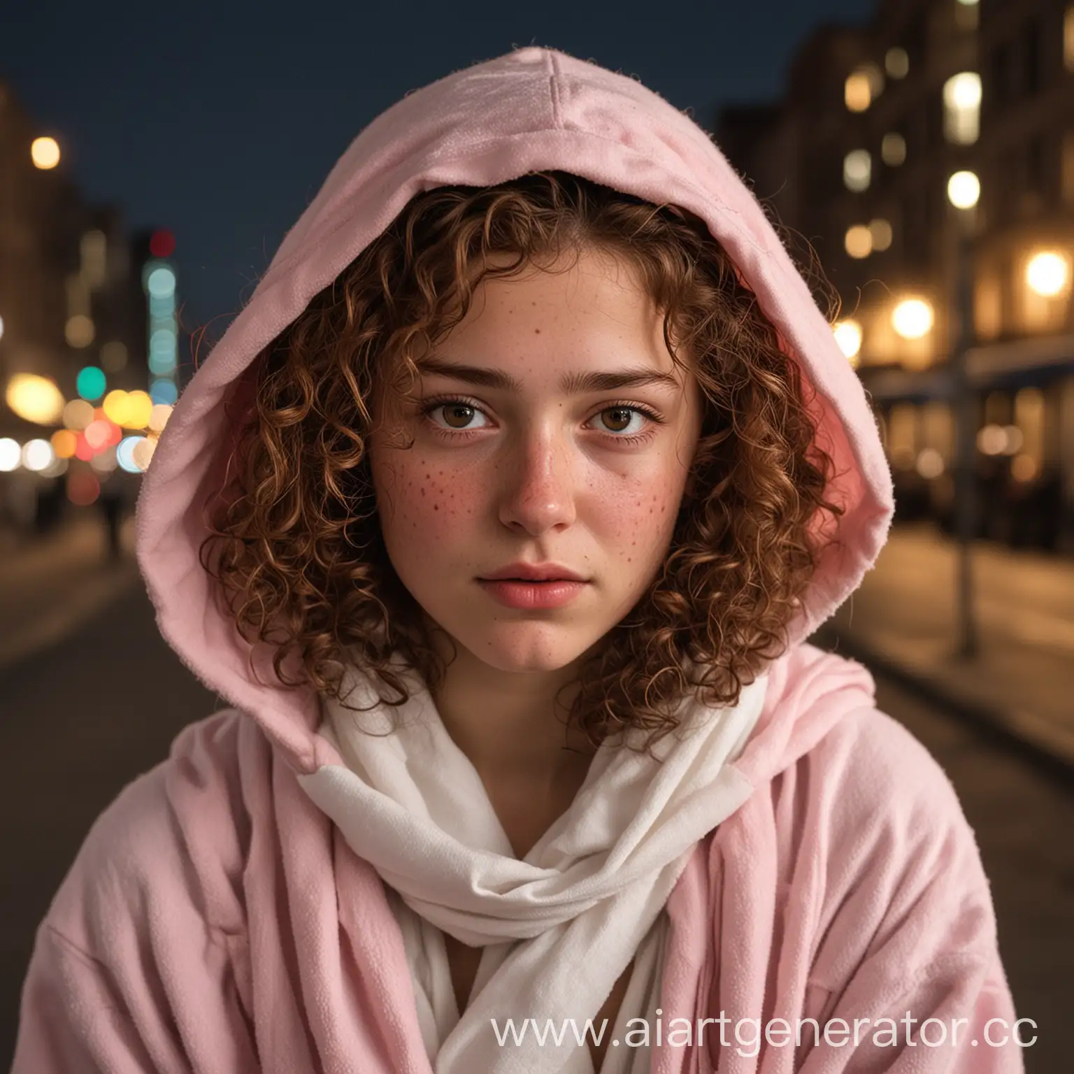 a 17 years old girl.  She is"mousy" with frizzy brown curly hair and freckles from forehead to chin, packed densely enough that there was as much brown freckles as pink skin, she is not attractive, but not unattractive, she is tired and in depression. She stays on a promenade with a background of a night city with a bay and city light. She wears an alabaster white a super hero like robe with a medic’s red cross on the chest and the back. She has a large hood and a scarf that covered the lower half of her face.