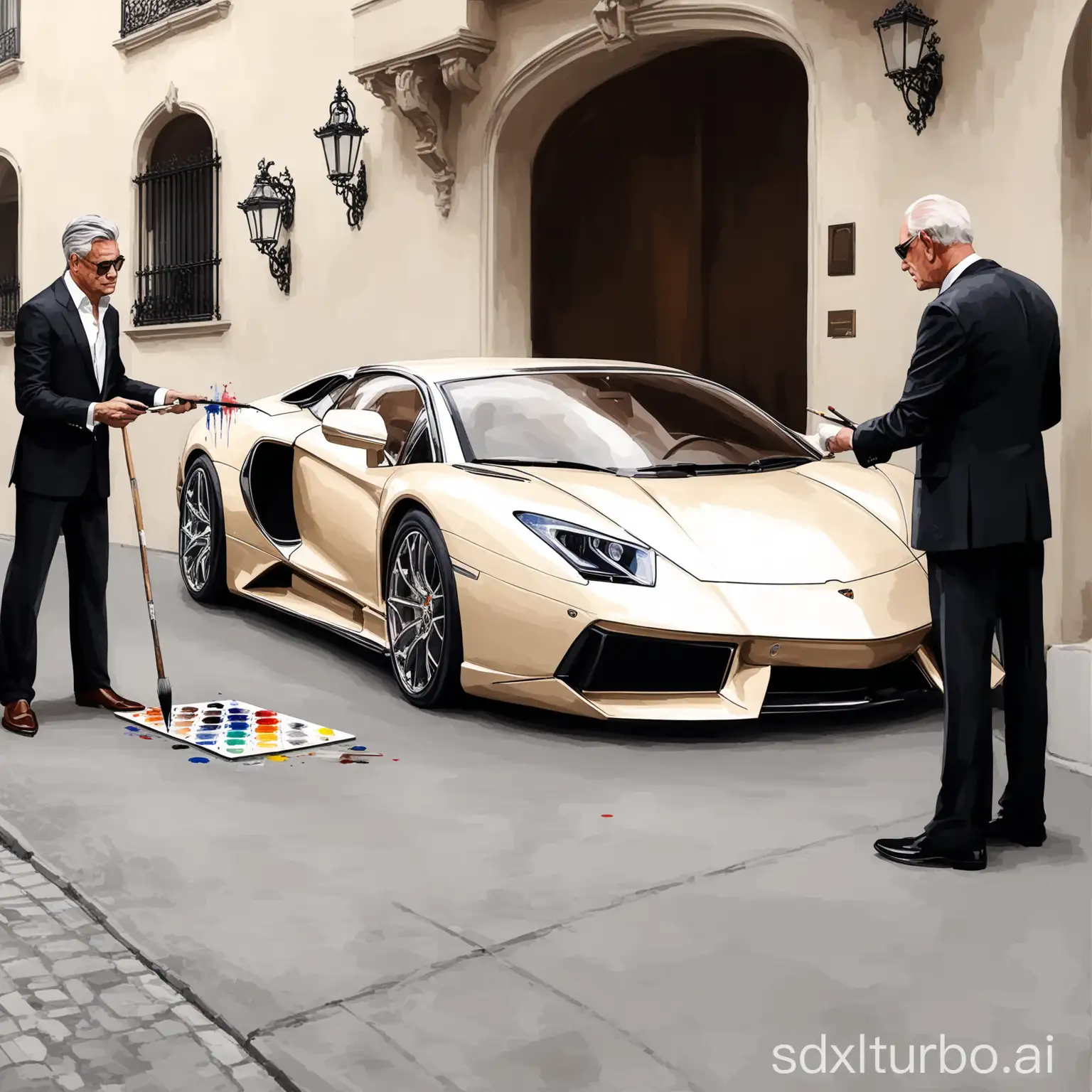создай картину где 2 богатых мужчин покупают машину дорогую
