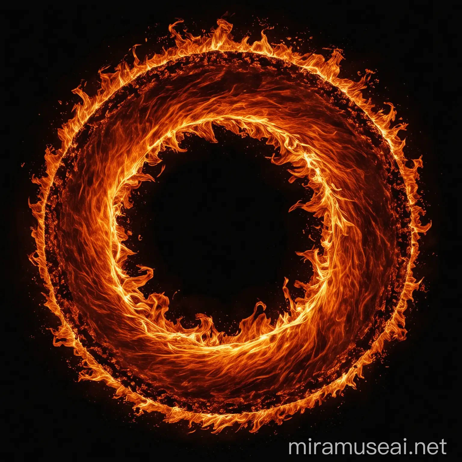 A circle of fire with a black background behind it 