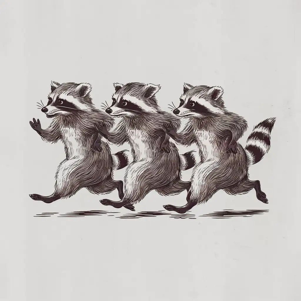 three raccons jogging on 2 paws in queue fine line art vintage looks on white background