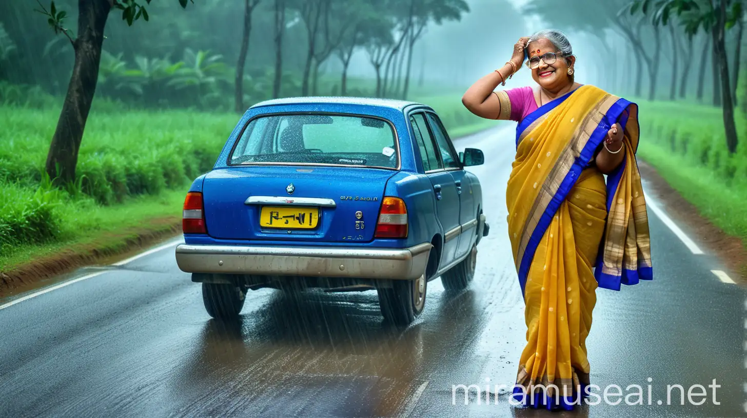 Elderly Indian Housewife Teacher Hitchhiking in Rainy Forest at Night