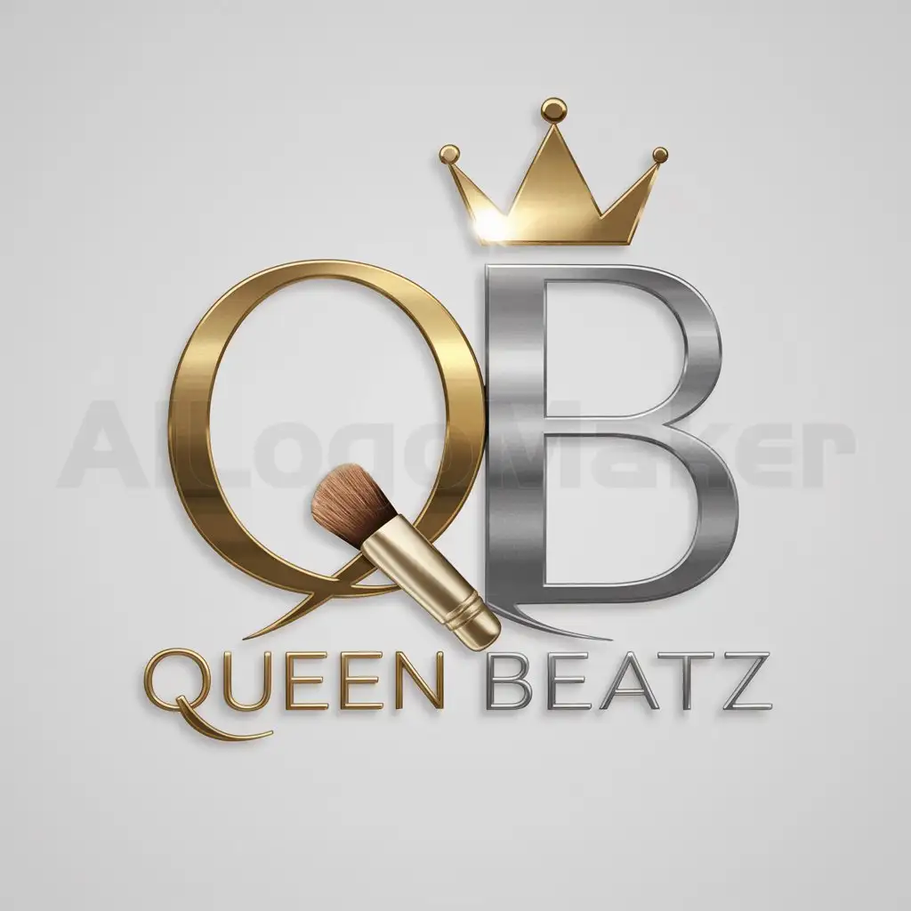 a logo design,with the text "Queen Beatz", main symbol:(In gold, metallic gold or steel) Initials letter 'Q' and 'B', a crown, a makeup brush,Minimalistic,be used in Makeup industry,clear background