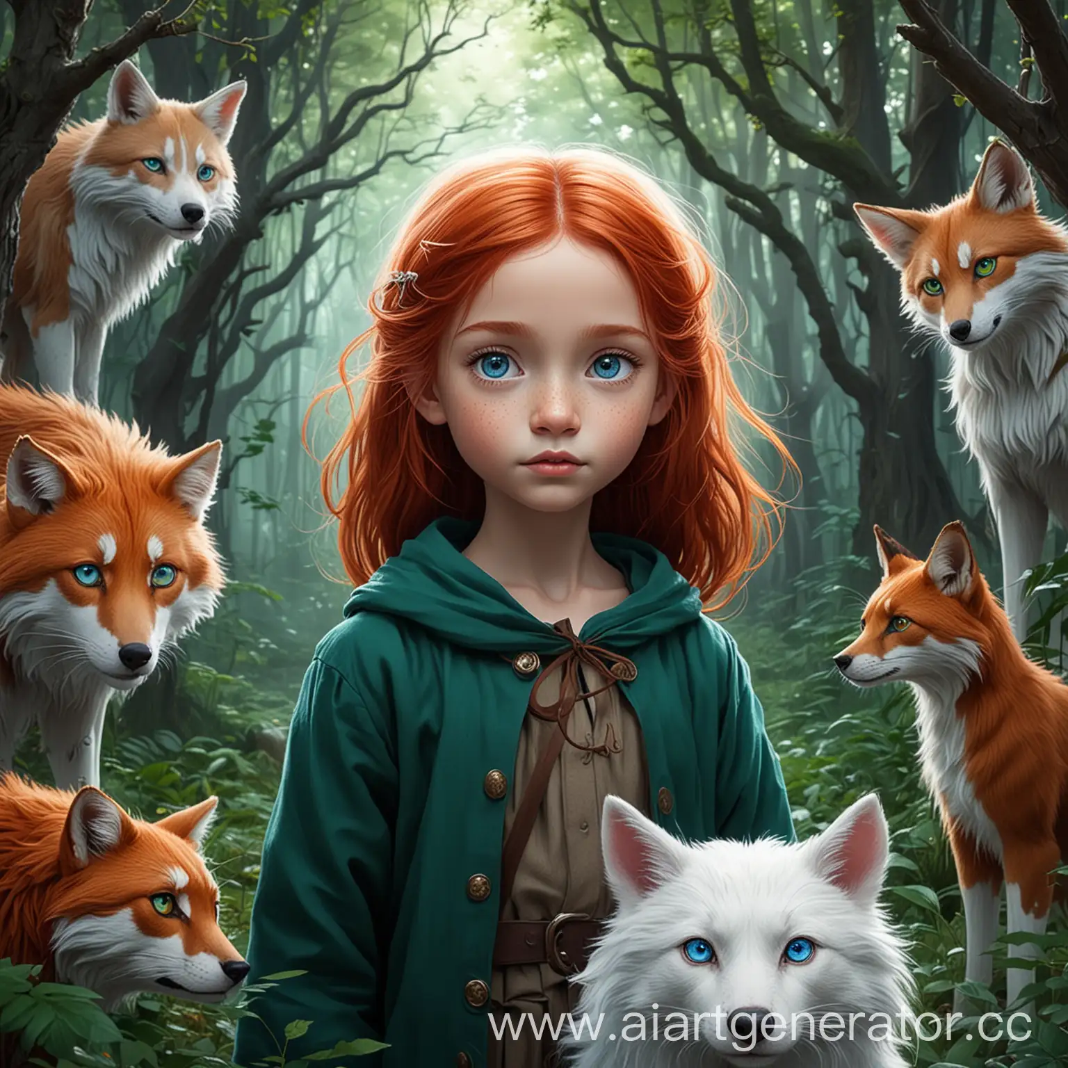 Таинственный лес с маленькой девочкой рыжими волосами, изумрудными глазами и маленький мальчик белые волосы, голубые глаза. Добрые животные. Мультяшно.