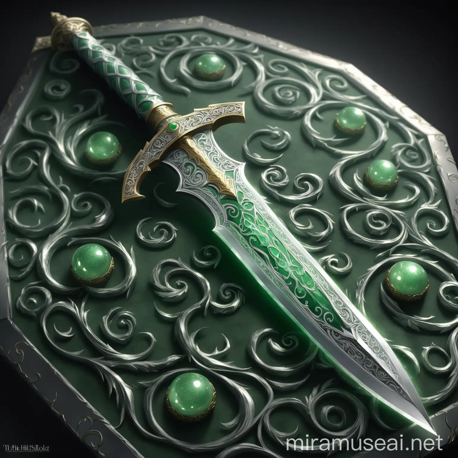 A sleek, ornate dagger with a large curved single-edged blade. The blade is a gleaming, silvery metal that catches the light, making it seem almost ethereal. On the blade's edge is a green shimmer indicating its poisonous nature. The hilt is intricately designed with swirling patterns of silver and gold. At the center of the hilt, just above the guard, lies a perfectly cut, hexagonal slot. In the gemslot is a green jade of medium quality. dnd, photorealistic, fantasy