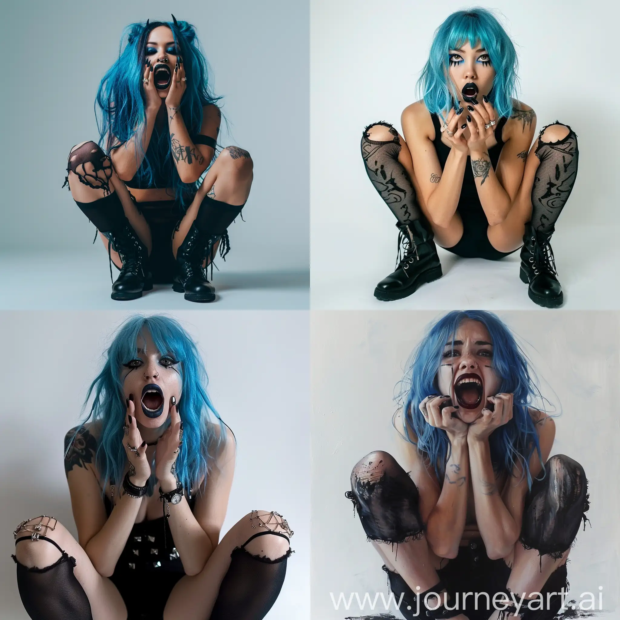 Young-Woman-with-Blue-Hair-and-Edgy-Makeup-Squatting-Pose