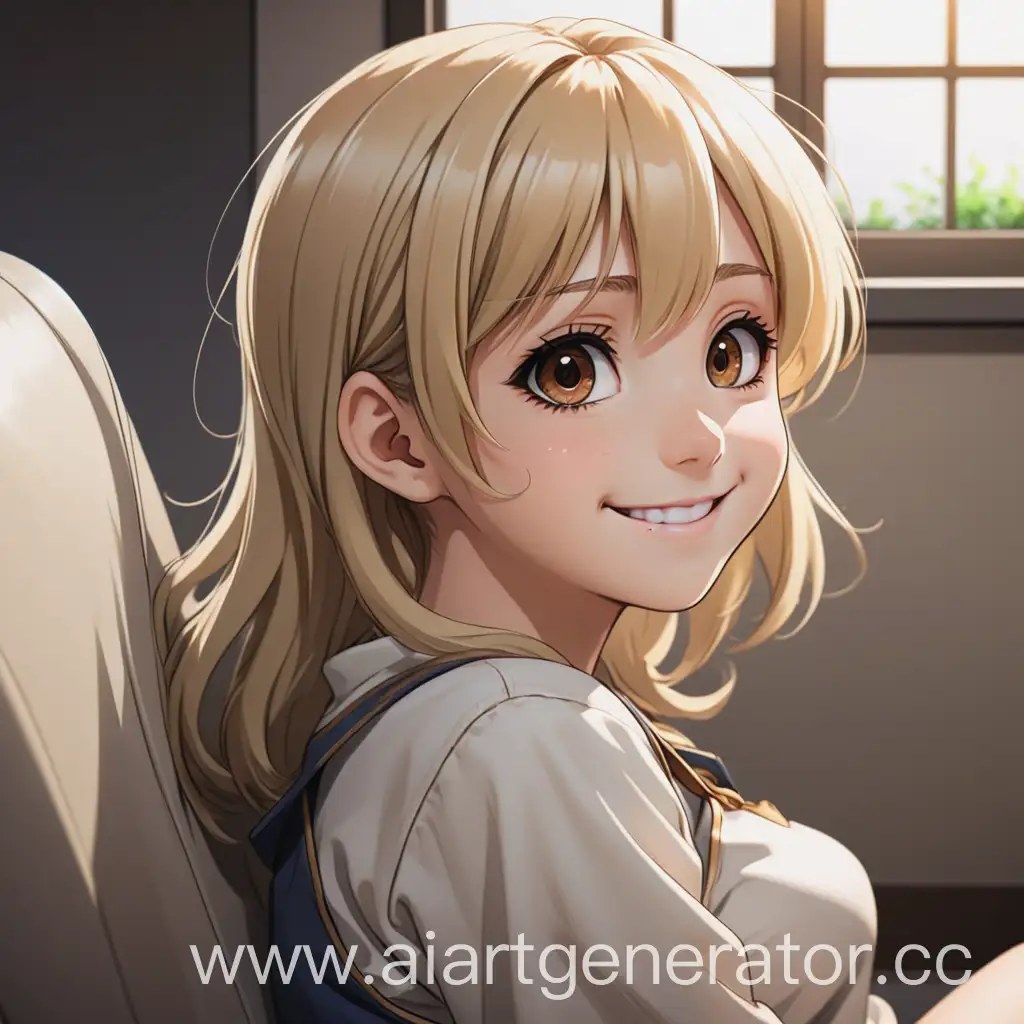 Smiling-Anime-Girl-with-Brown-Eyes-and-Blondish-Hair-Looking-into-the-Distance