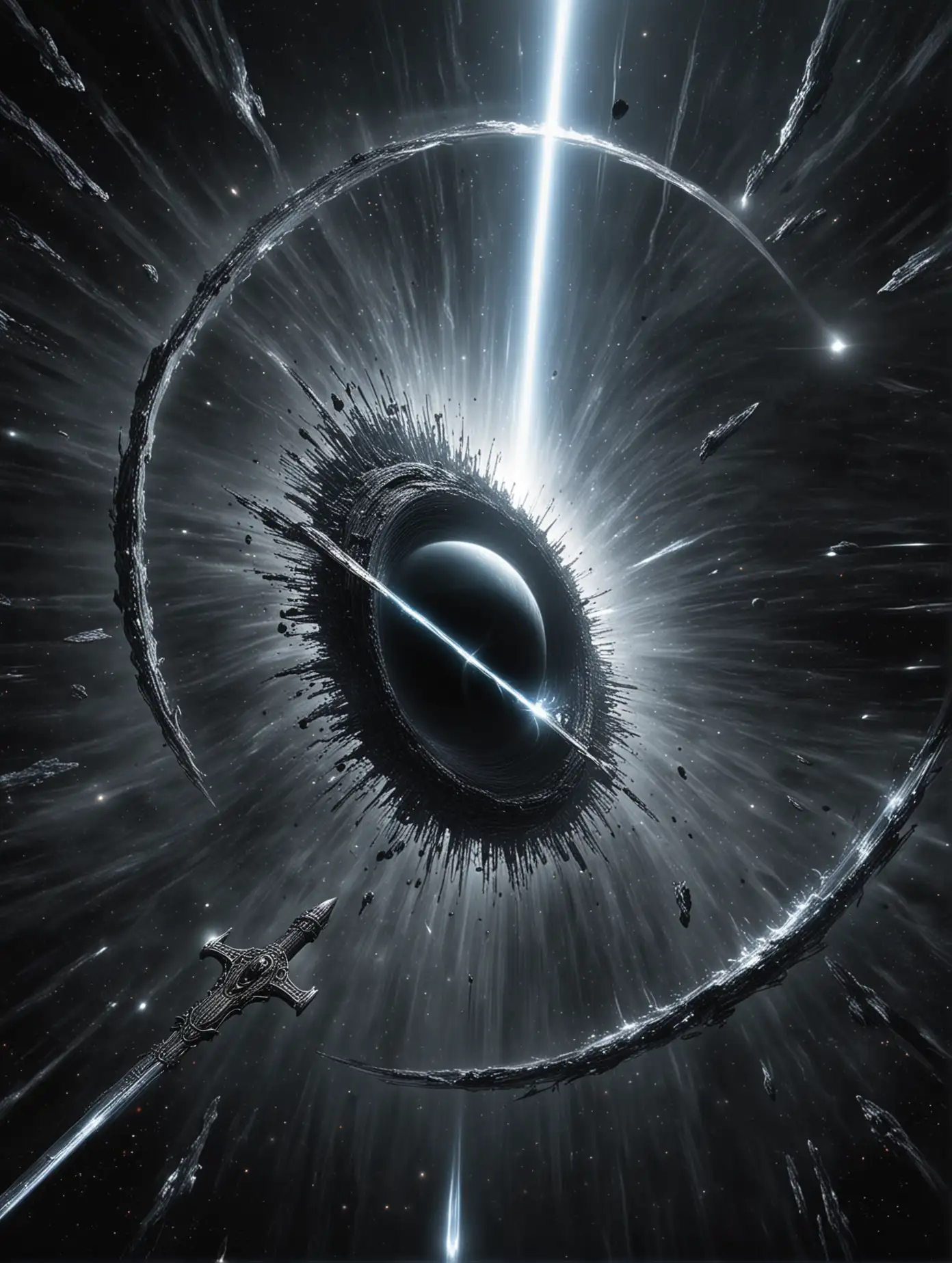 Space-Black-Hole-with-Silver-Sword-Mysterious-Event-Horizon-in-Cosmic-Scene