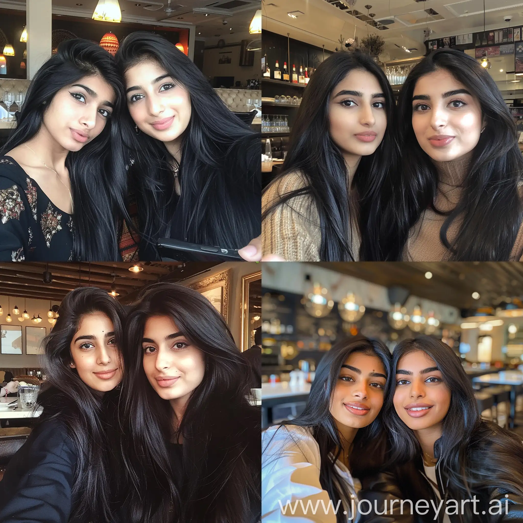 2 beautiful british Pakistani girls, models with long black hair taking selfie in restaurant --v 6 --v 6 --ar 1:1 --