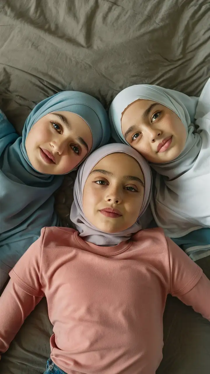 3 innocent girls.  14 years olds. They wear hijab, skinny t-shirts.
They are beautiful. They lie on the bed.
Bird's eye view, petite, plump lips. Elegant, makeup, From the above, 