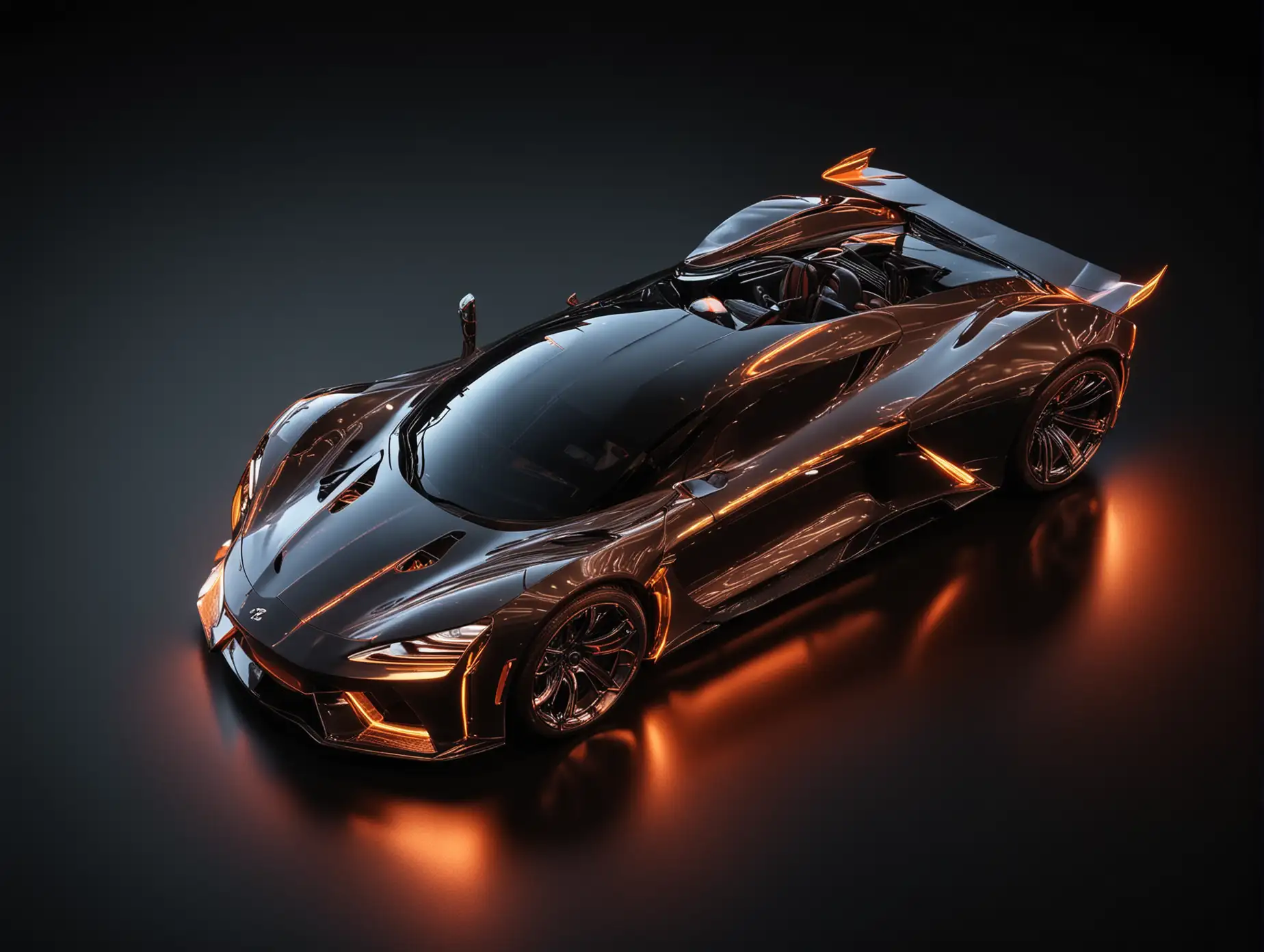 luxury futuristic sports car in vibrant colors on a black background, lit from above by several lamps
