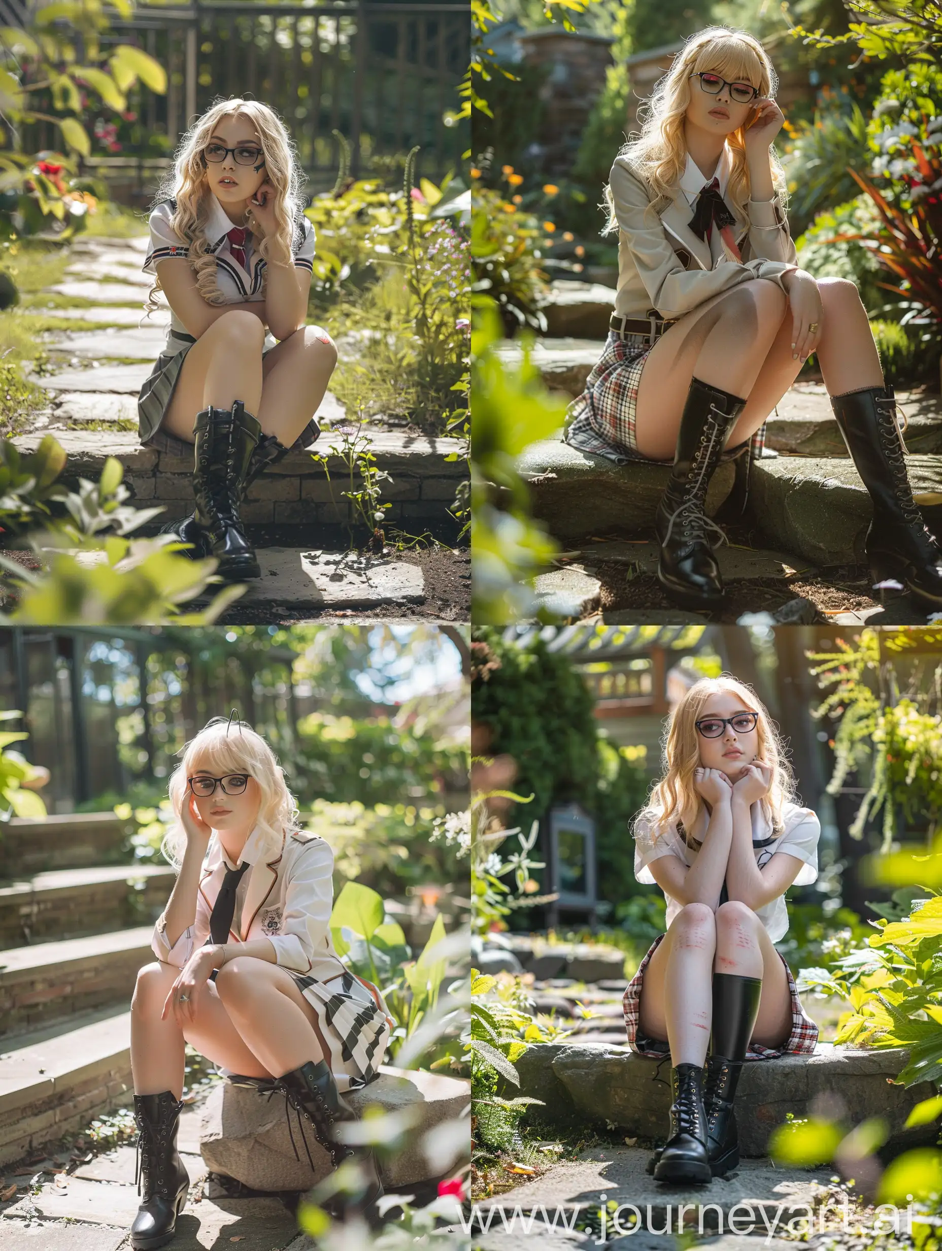 1 woman, sitting on stone, 19 years old, blonde hair,  school uniform,  makeup black boots, sunny day, garden,  , makeup, , skirt, front view, glasses, up knee, down view