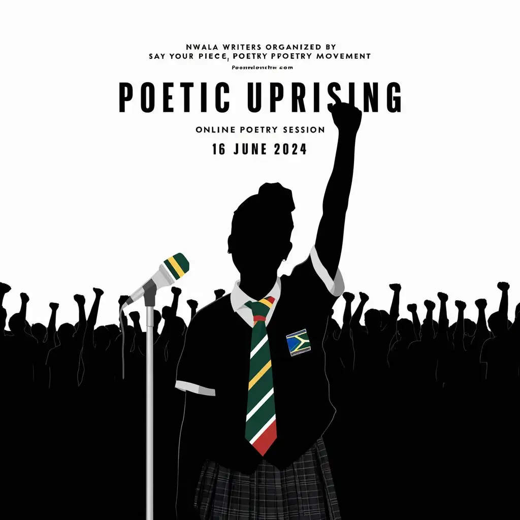 Minimalistic illustrated online poetry session 'Save The Date' poster titled "Poetic Uprising"  "brought to you by Nwala Writers." by the "Say Your Piece, Poetry Movement" it must be based on the 1986 South African youth uprising. fighting for the right to language and freedom. Silhouette of Young woman in school uniform, with a South African flag coloured school tie, with their fist in the air and a microphone stand before her. Date '16 June 2024' black silhouette of a lot of youth with their fists in the air behind her, fill colour illustrations,  white background 