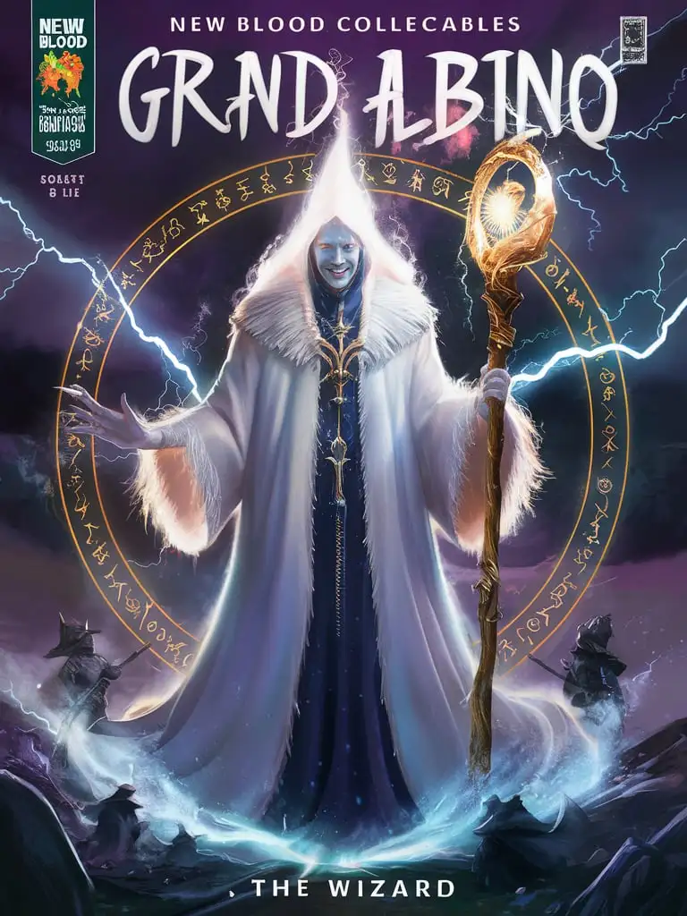 Design a Comic Book cover for title: New Blood Collectables featuring Grand Albino, the Wizard. Grand Albino is a master of the arcane arts, wielding powerful magic that few can comprehend. His appearance is both awe-inspiring and intimidating, with an otherworldly presence that commands respect. Known for his enigmatic personality and unparalleled knowledge of ancient magic, Grand Albino stands as a guardian of mystical secrets and a formidable foe to those who dare to challenge him.