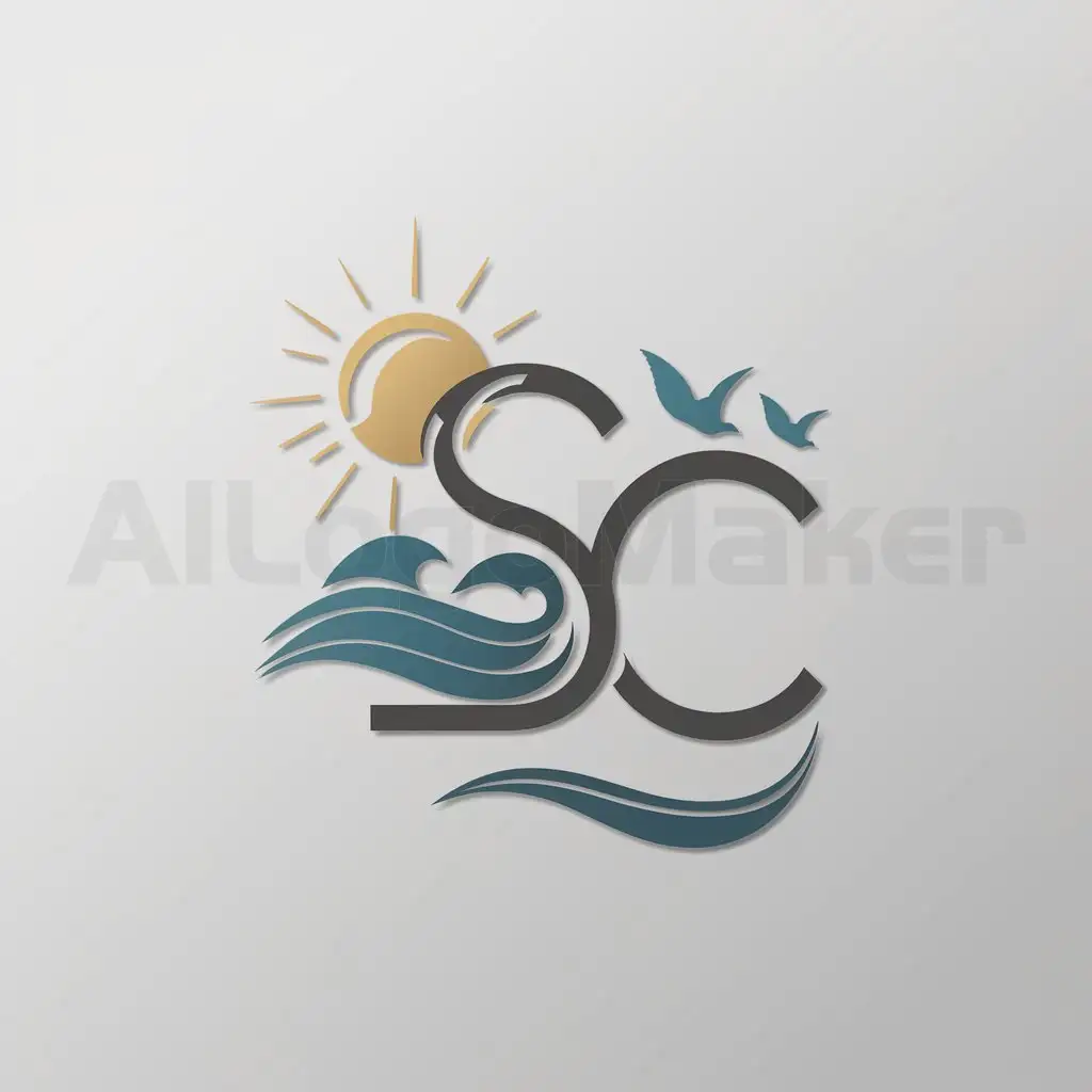 a logo design,with the text "SC", main symbol:SC monogram with a beachy vibe, sunset, waves, sea birds,complex,clear background