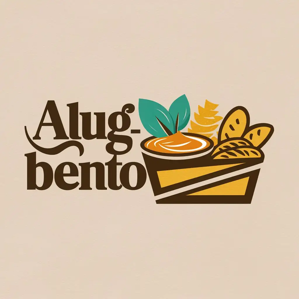 a logo design,with the text "alugbento", main symbol:alugbati dip with pasta, chips and bread on a bento box,Moderate,clear background