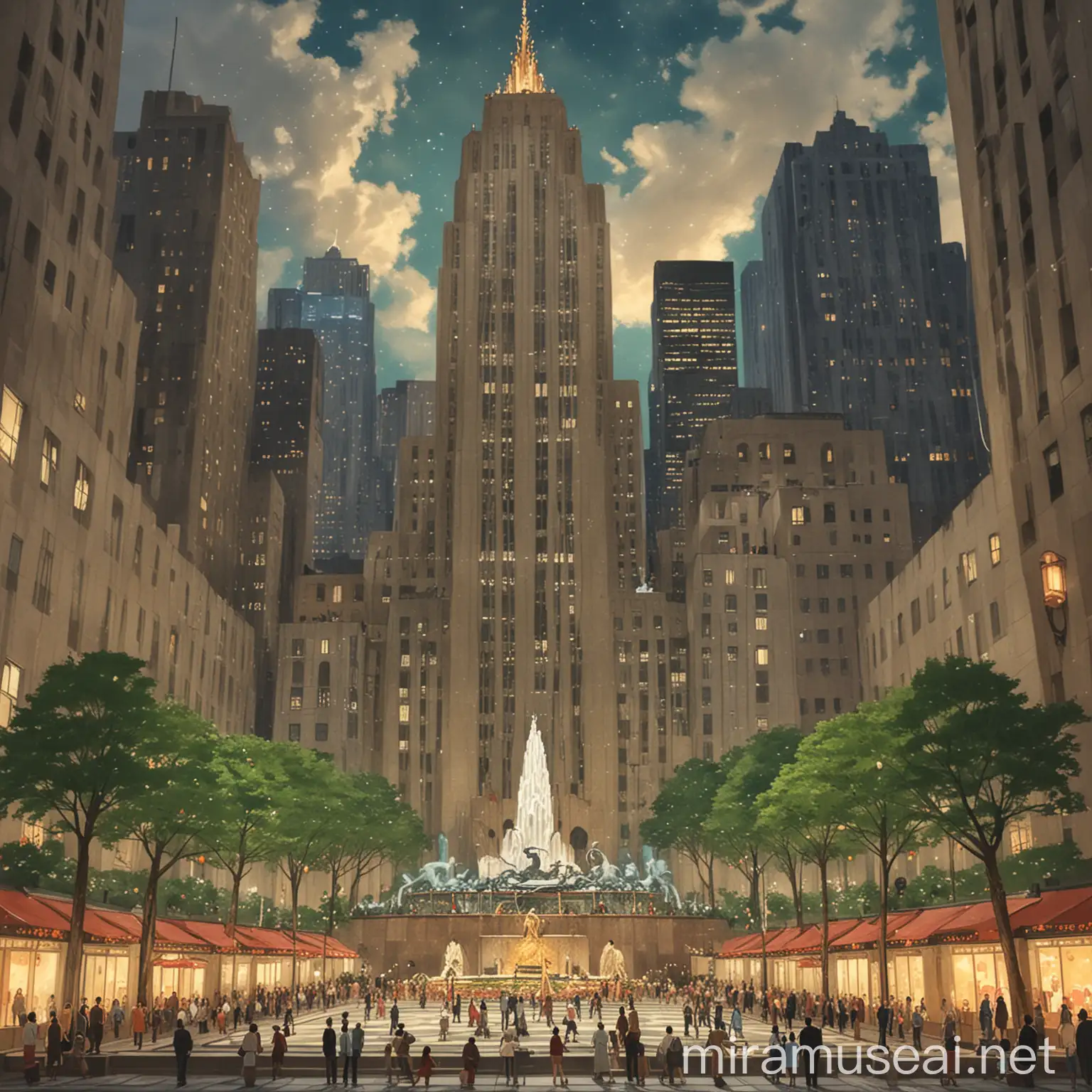 create an image of Rockefeller Center in NYC in the style of Hayao Miyazaki Ghibli Studio art