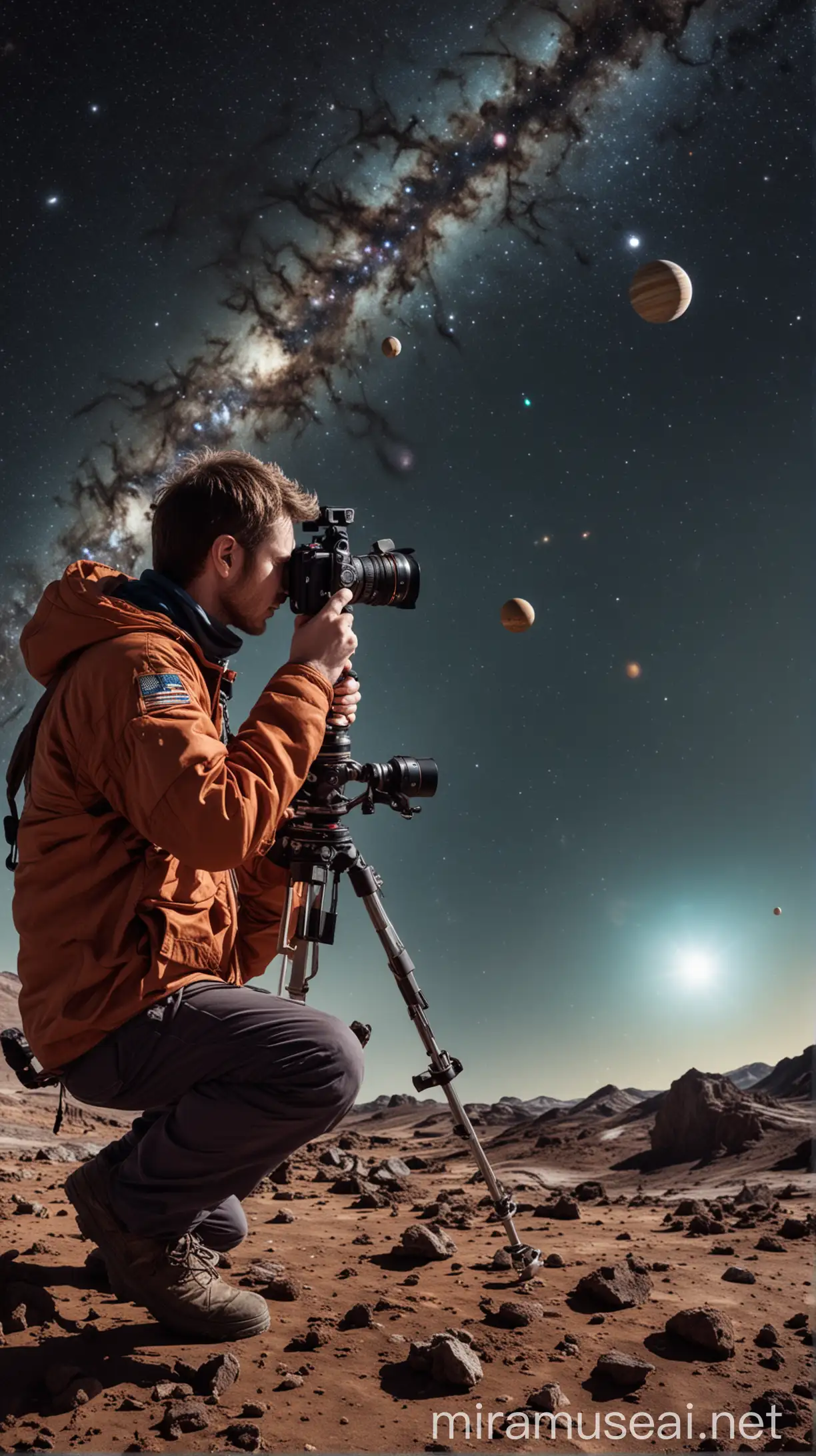 An image of a photographer photographing planets with a space camera