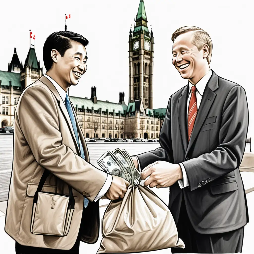 A smiling white man accepts a bag of money from a smiling Chinese man in front of the Canadian House of Commons buildings. In the style of a political cartoon.
